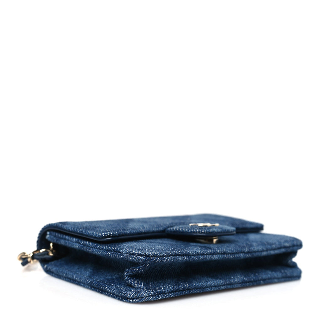 Printed Denim Quilted  Holder On Chain  Dark Blue