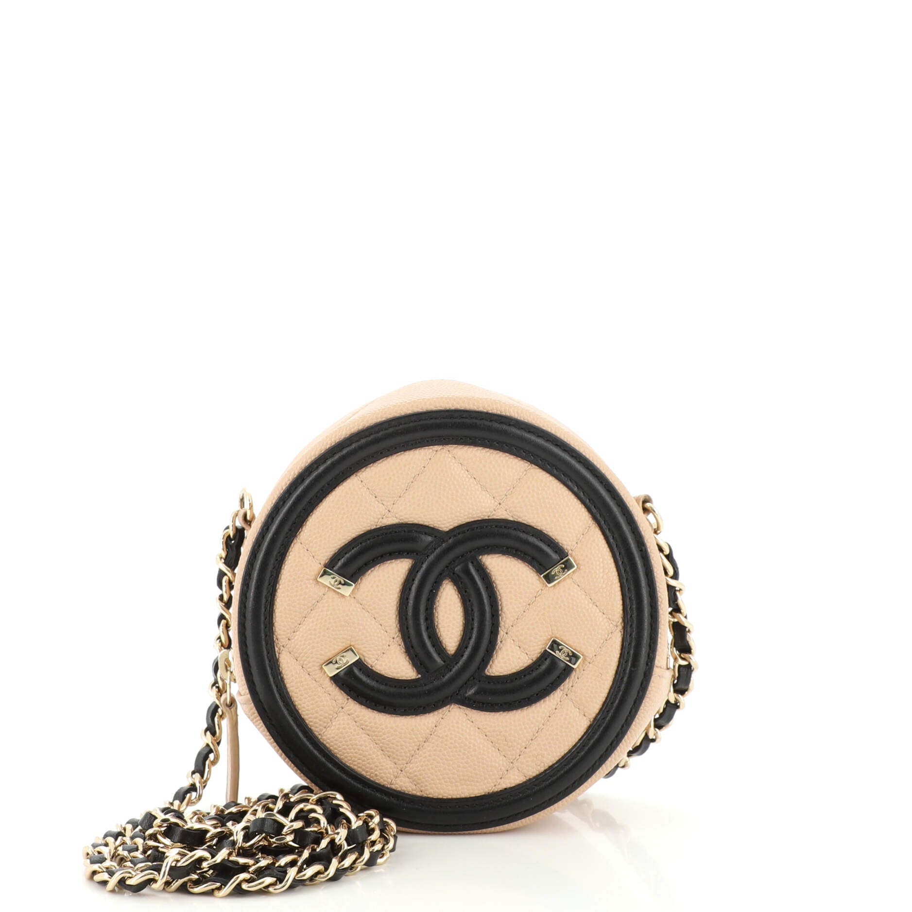 Filigree Round Clutch with Chain Quilted Caviar Mini