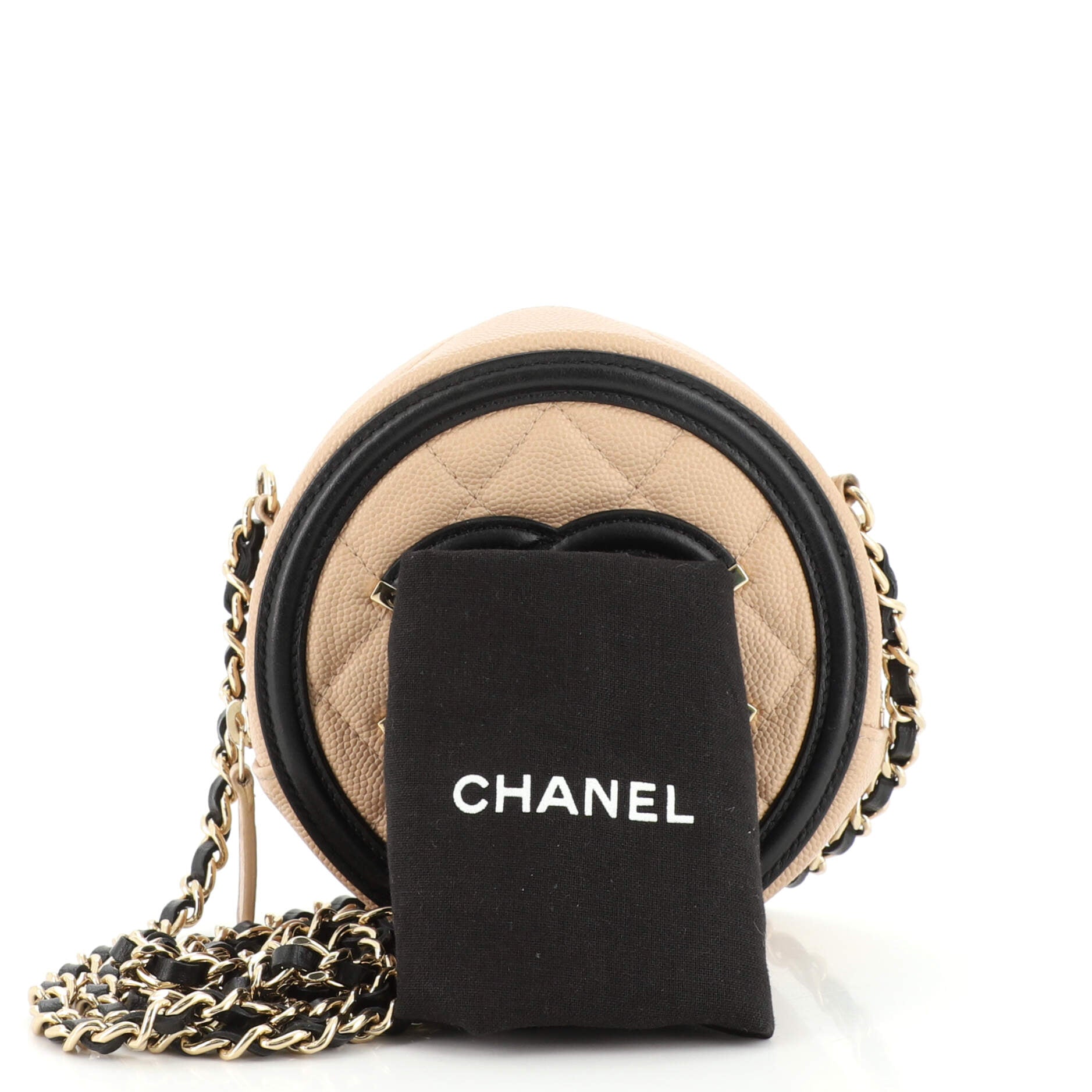 Filigree Round Clutch with Chain Quilted Caviar Mini