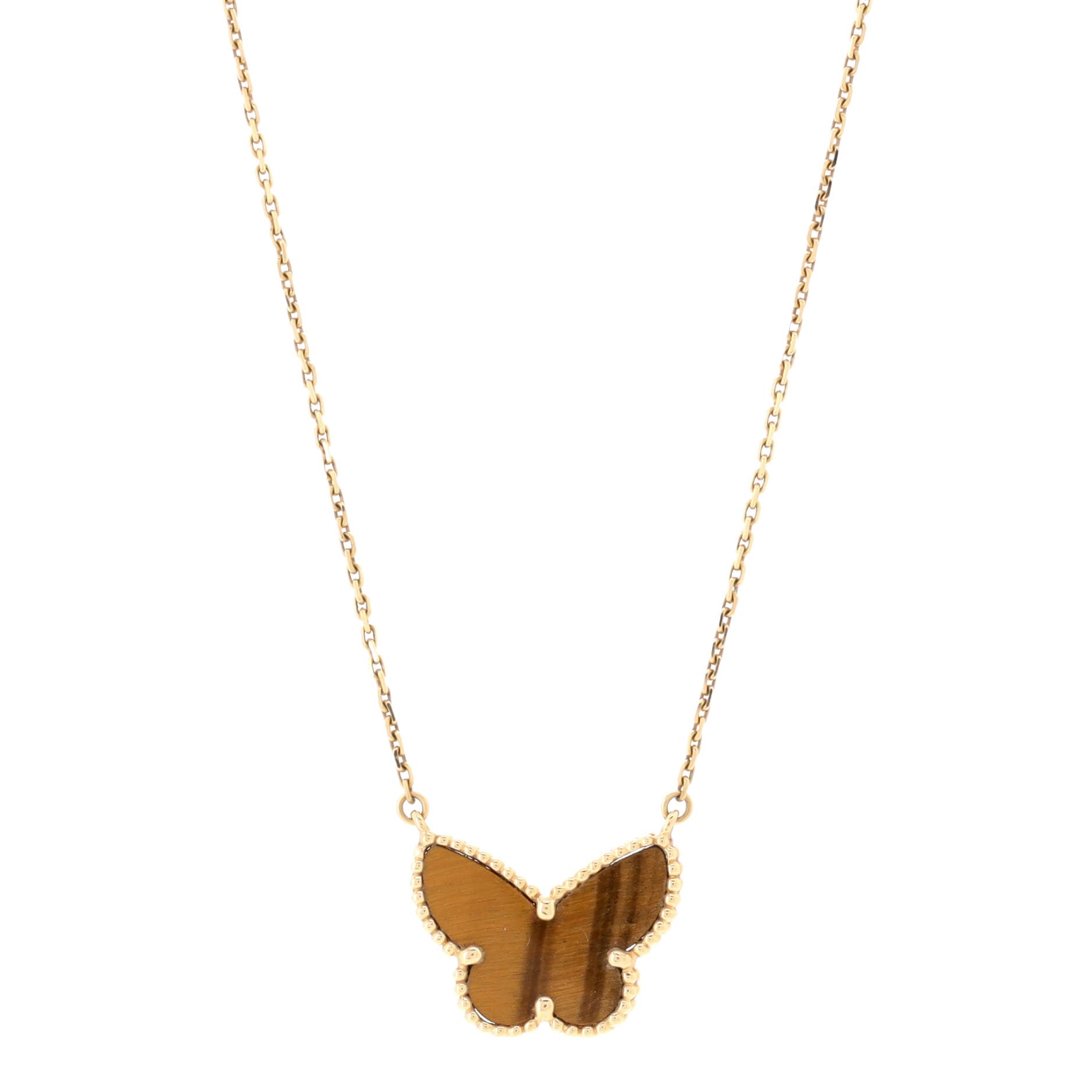 Lucky Alhambra Papillon Pendant Necklace 18K Yellow Gold and Tiger Eye