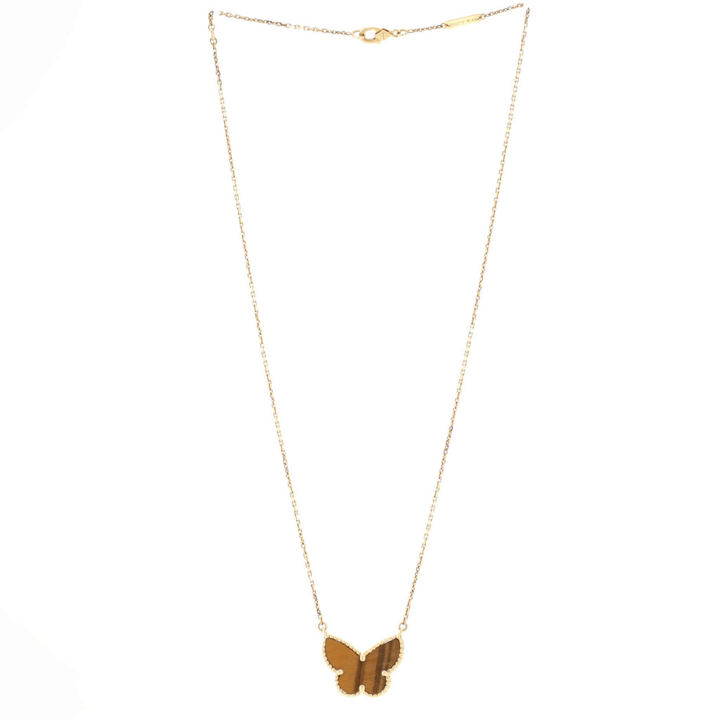 Lucky Alhambra Papillon Pendant Necklace 18K Yellow Gold and Tiger Eye