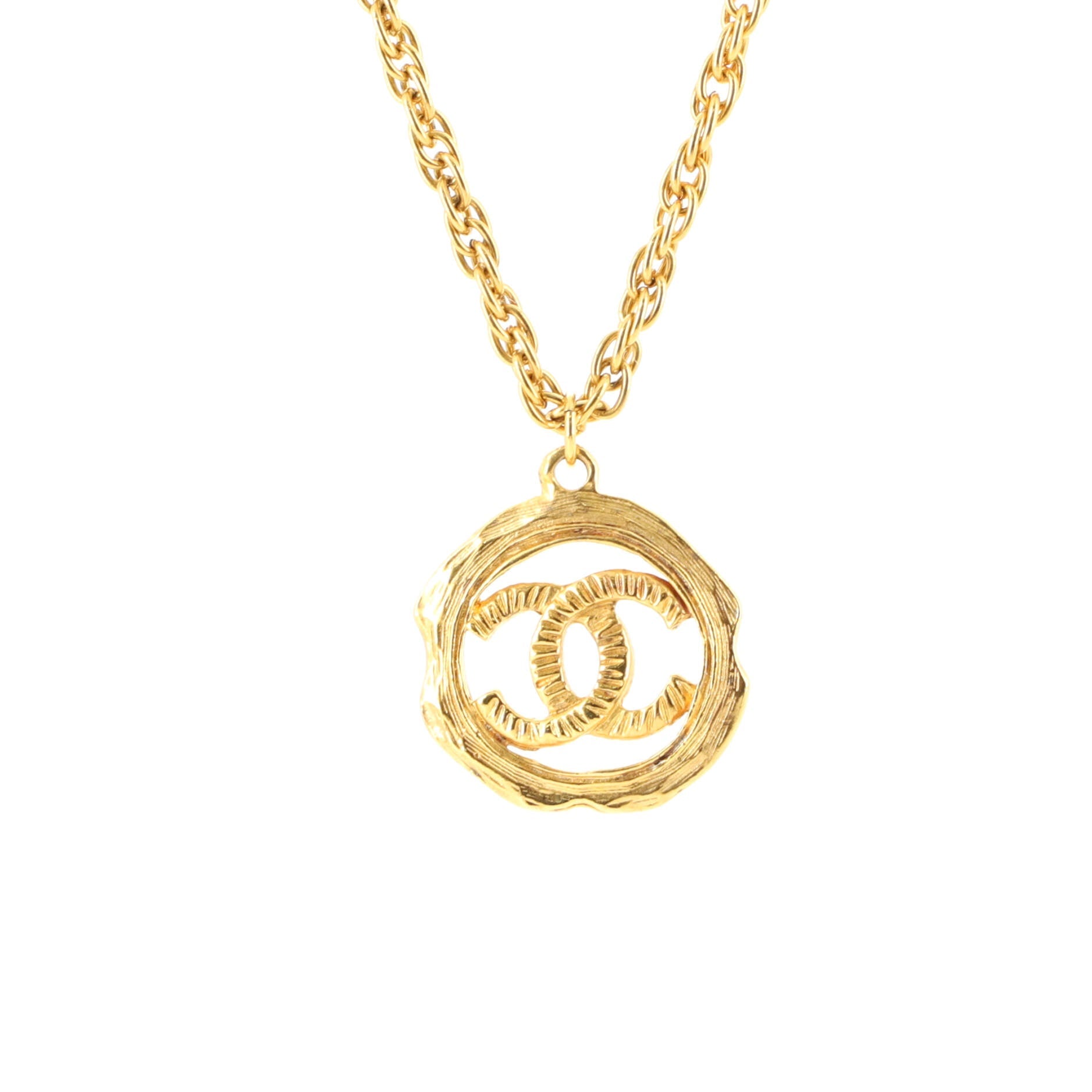 Vintage CC Round Cut-Out Pendant Necklace Metal