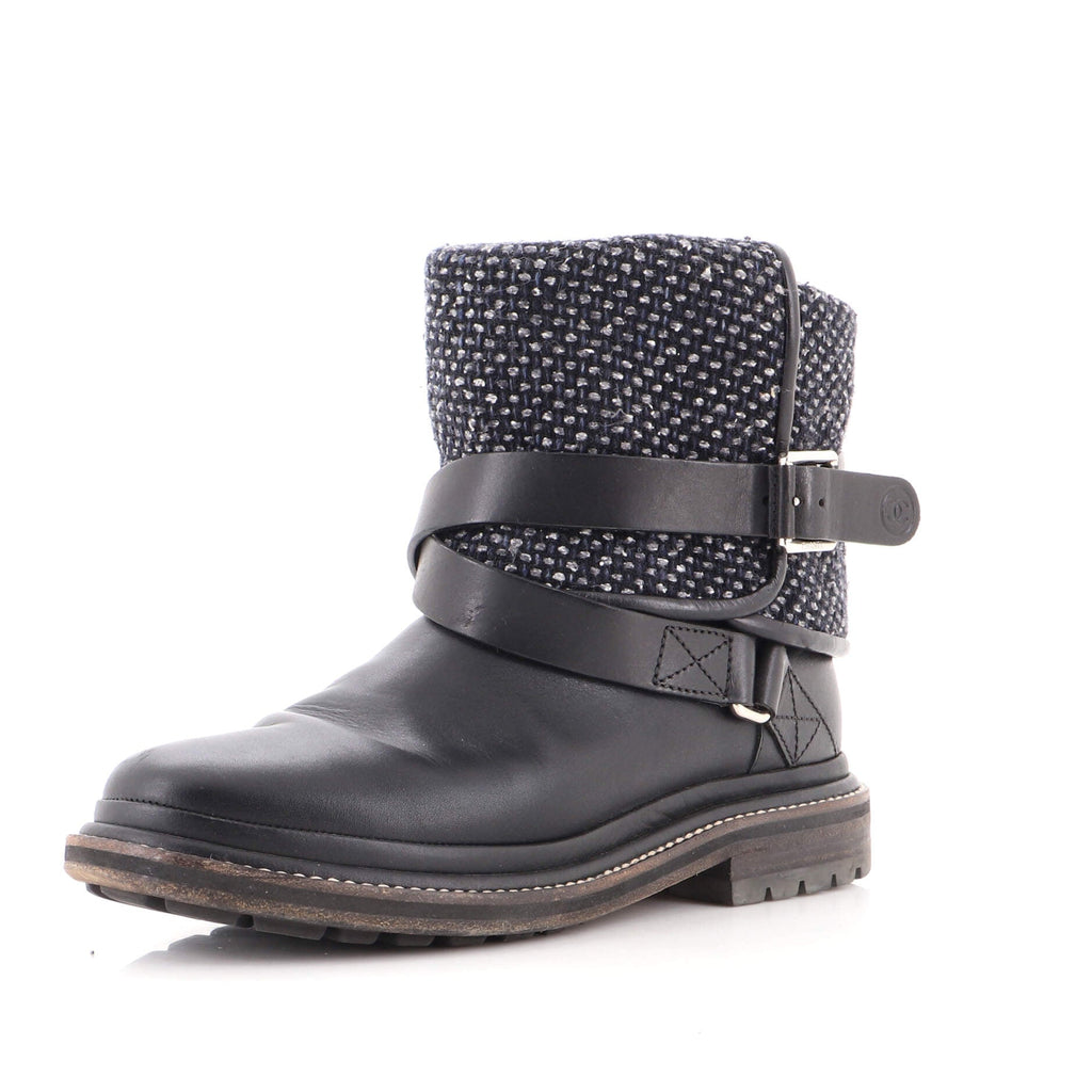 Women's Fold Over Moto Boots Leather and Tweed