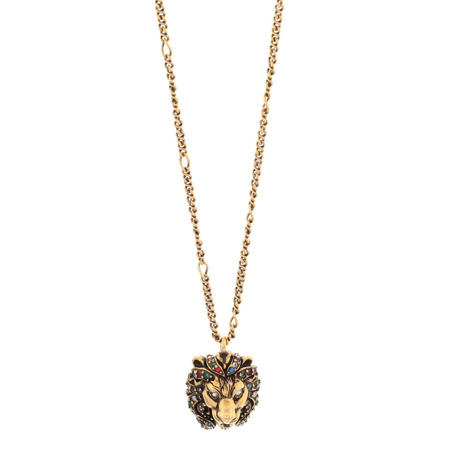 Lion Head Pendant Necklace Metal and Crystal