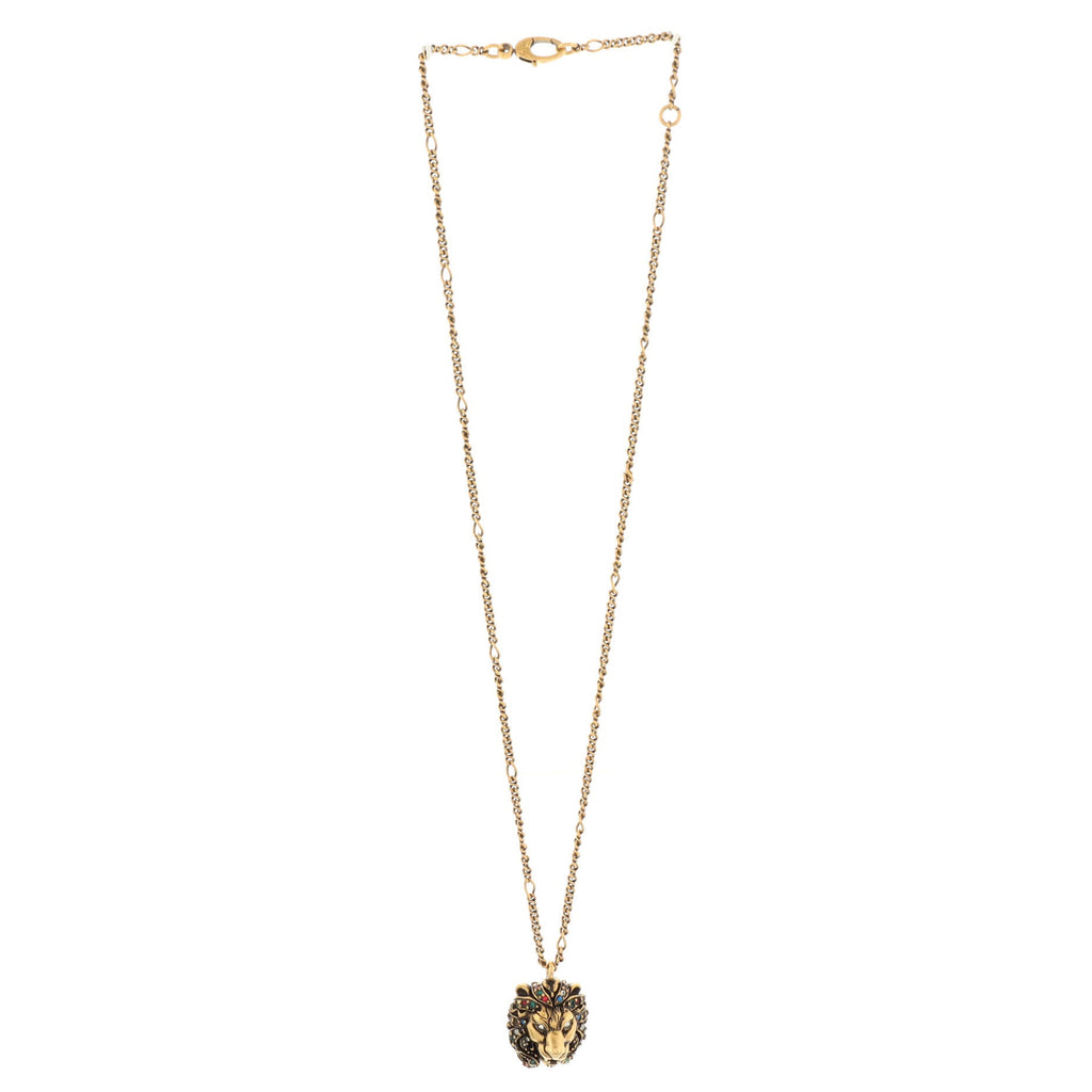 Lion Head Pendant Necklace Metal and Crystal