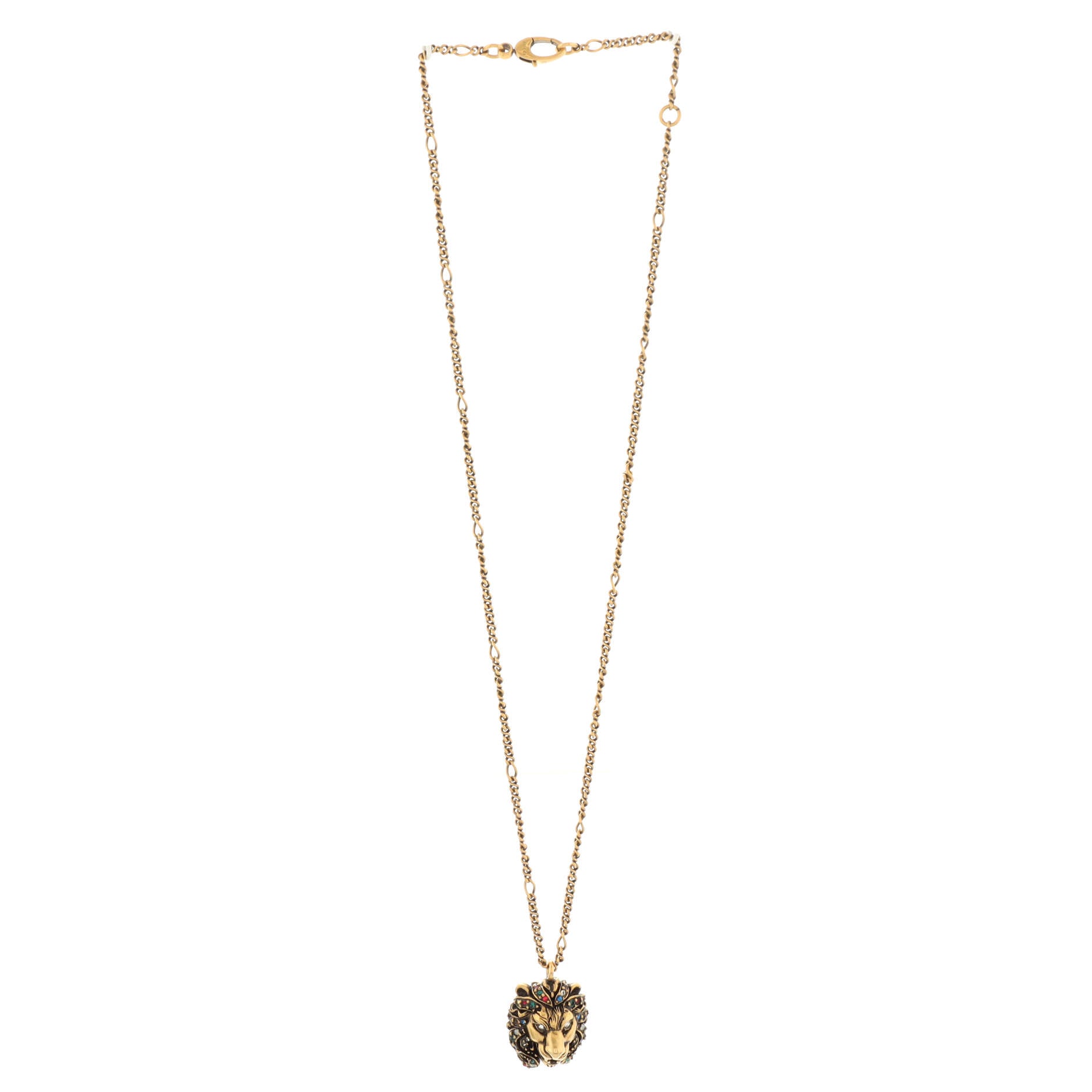 Lion Head Pendant Necklace Metal and Crystal