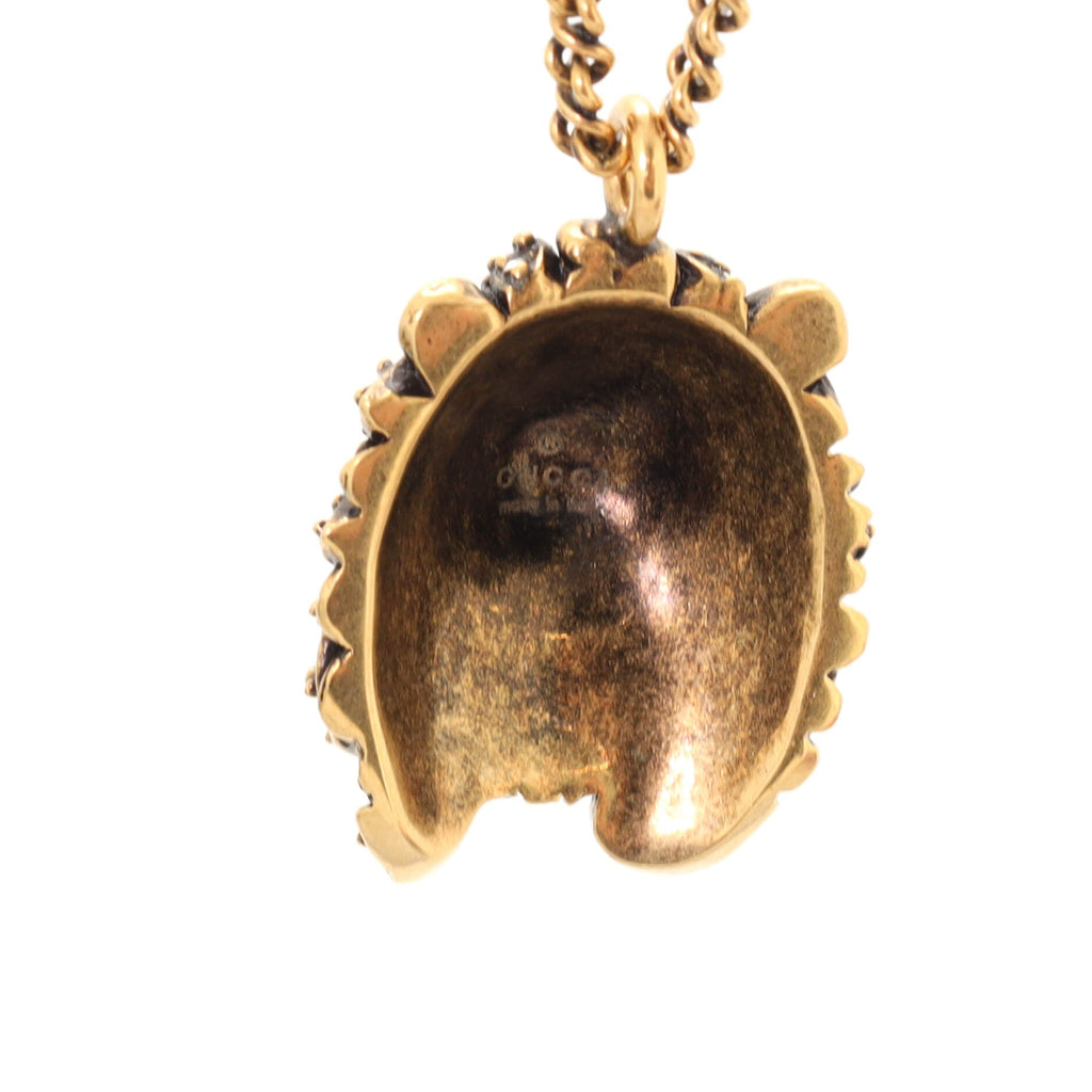 Lion Head Pendant Necklace Metal and Crystal