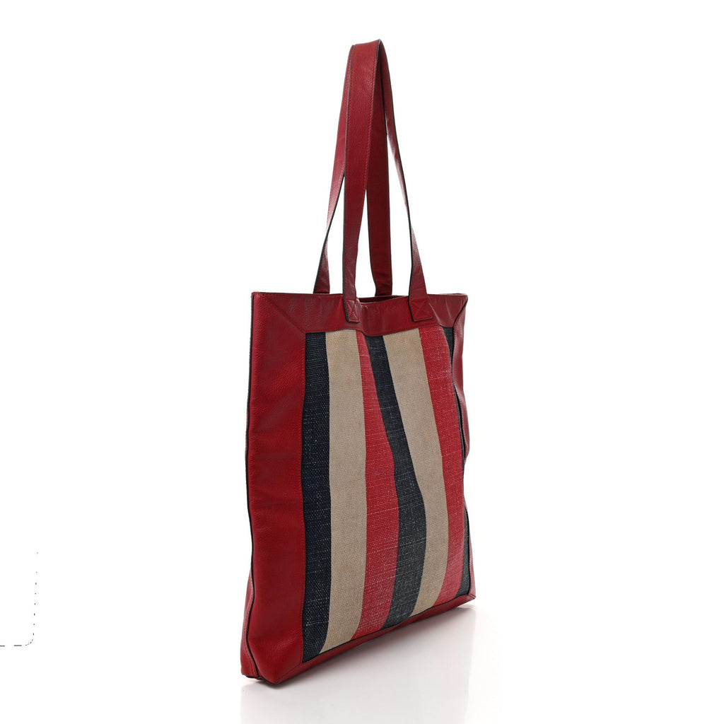 Canvas Calfskin Sylvie Stripe Logo Mens Tote Red White Blue