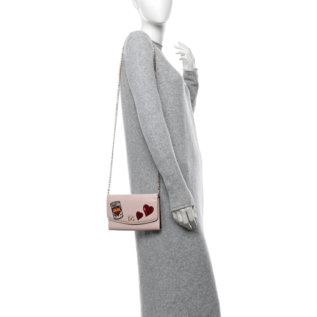 Vitello Embroidered Amore Wallet On Chain Light Pink