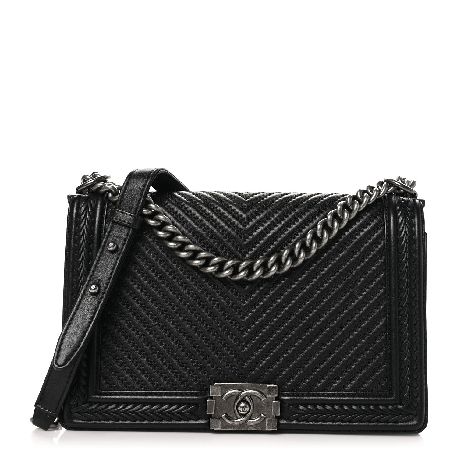 Calfskin Chevron Quilted New Medium Braided Boy Flap Black