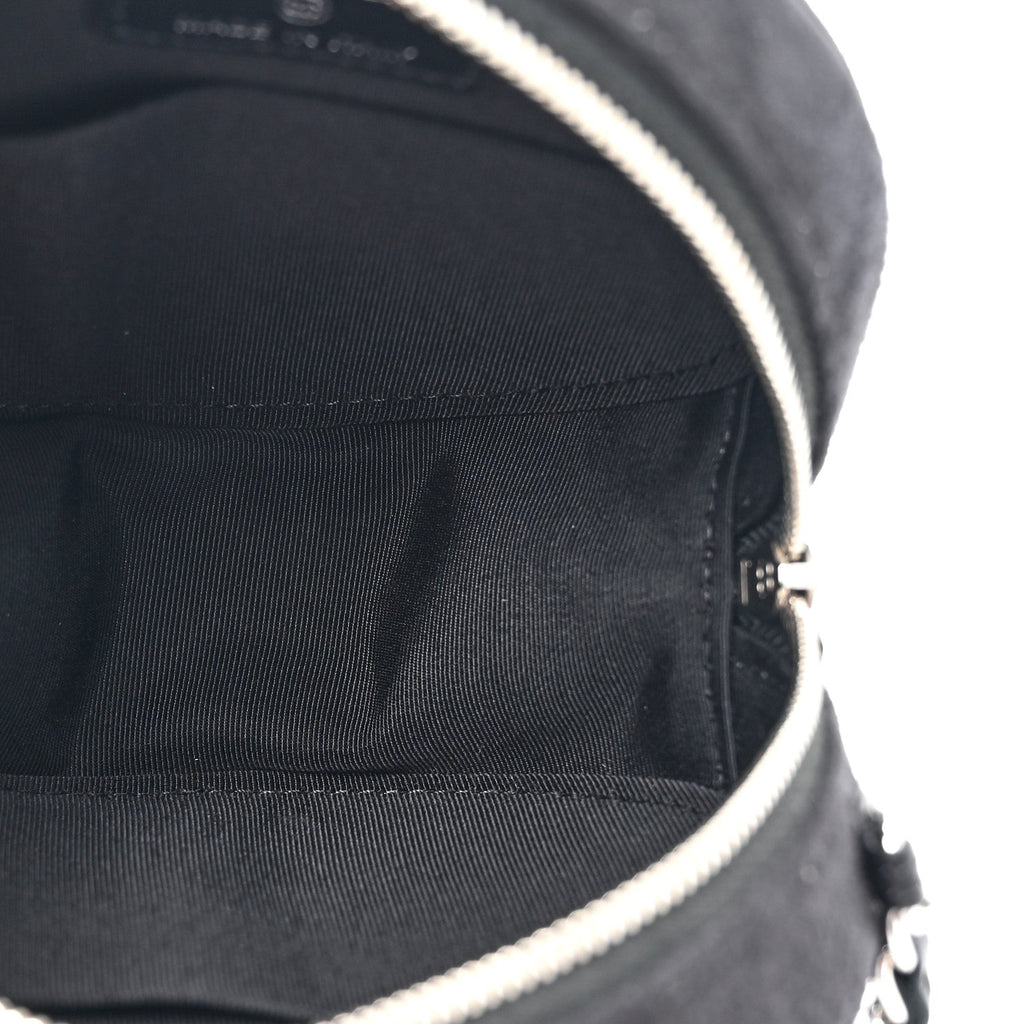 Suede Quilted Crystal Round Clutch With Logo Chain Black