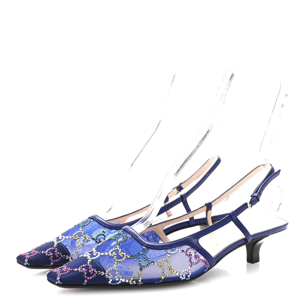 Tela Retino Nappa Charlotte Crystal GG Monogram Square G 35mm Slingback Pumps 38.5 Splash Net Blue Witch
