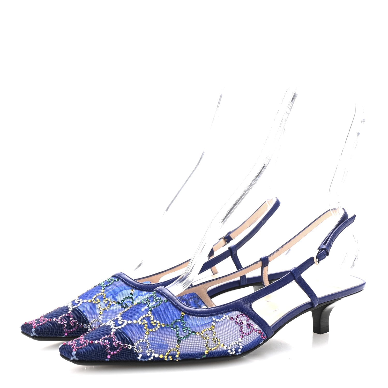 Tela Retino Nappa Charlotte Crystal GG Monogram Square G 35mm Slingback Pumps 38.5 Splash Net Blue Witch