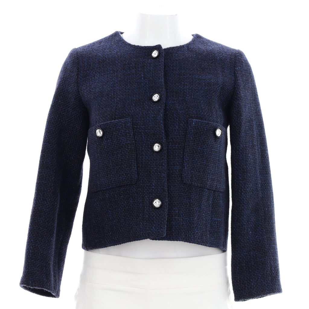 Women's Collarless Two Pocket Jacket Tweed with Crystal