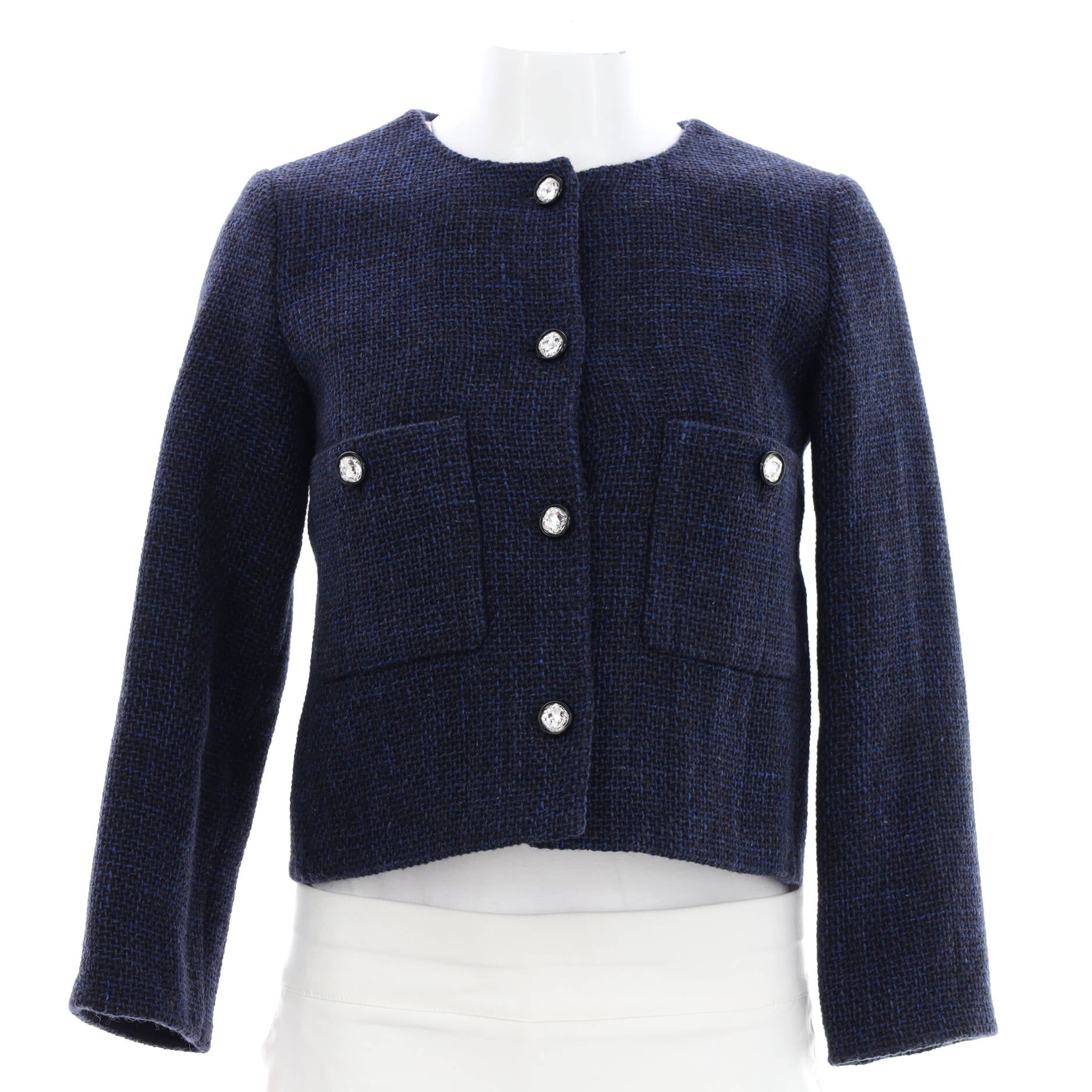 Women's Collarless Two Pocket Jacket Tweed with Crystal