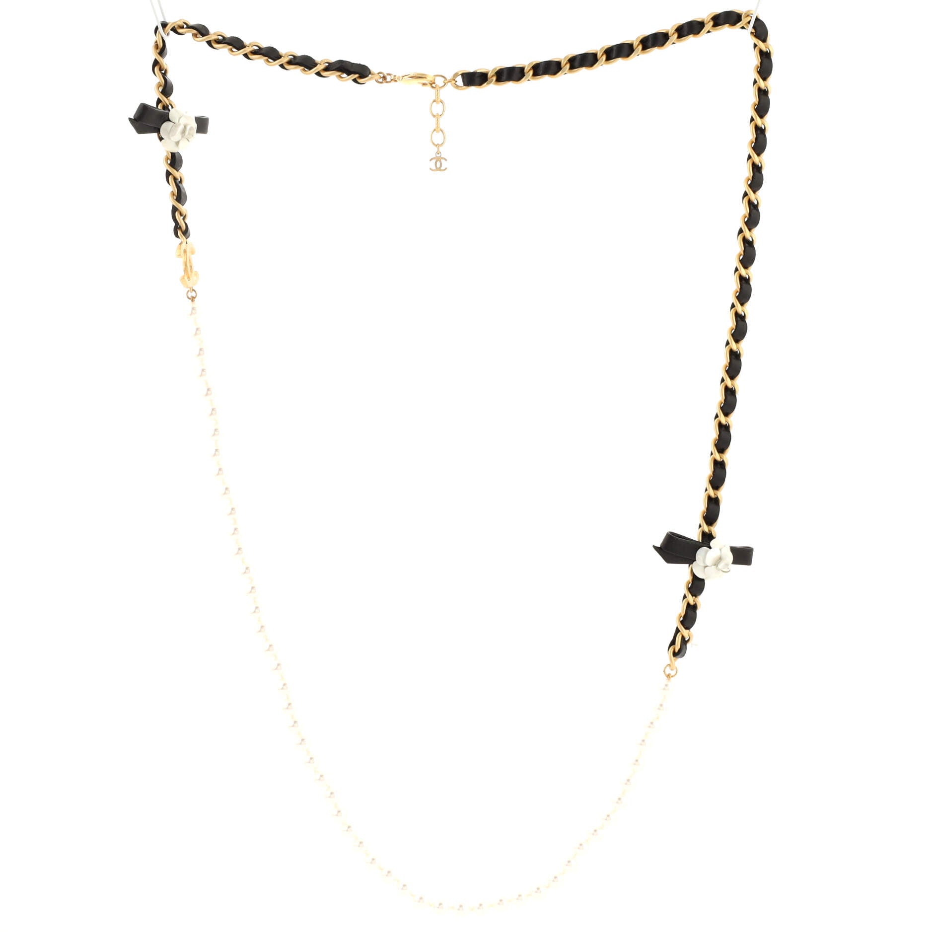 CC Camellia Long Necklace Metal with Leather and Faux Pearls