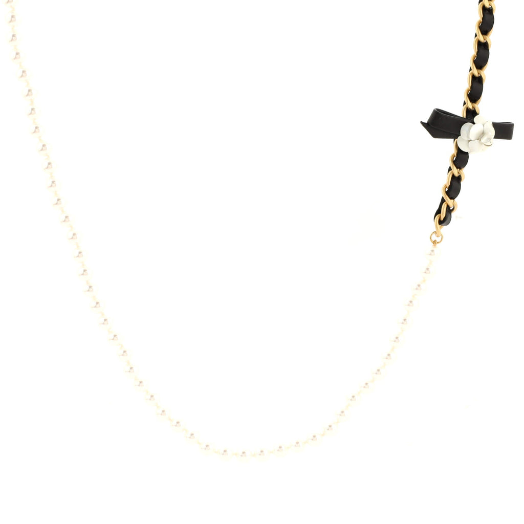 CC Camellia Long Necklace Metal with Leather and Faux Pearls