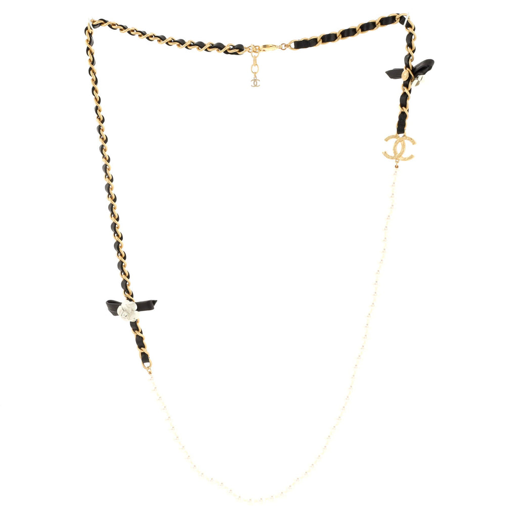 CC Camellia Long Necklace Metal with Leather and Faux Pearls
