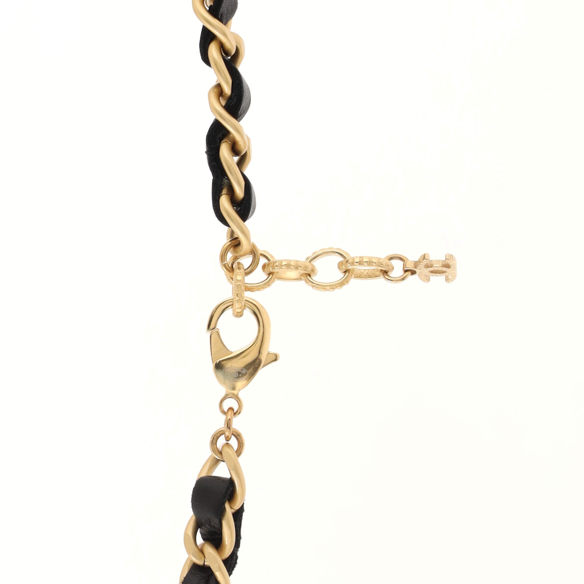 CC Camellia Long Necklace Metal with Leather and Faux Pearls