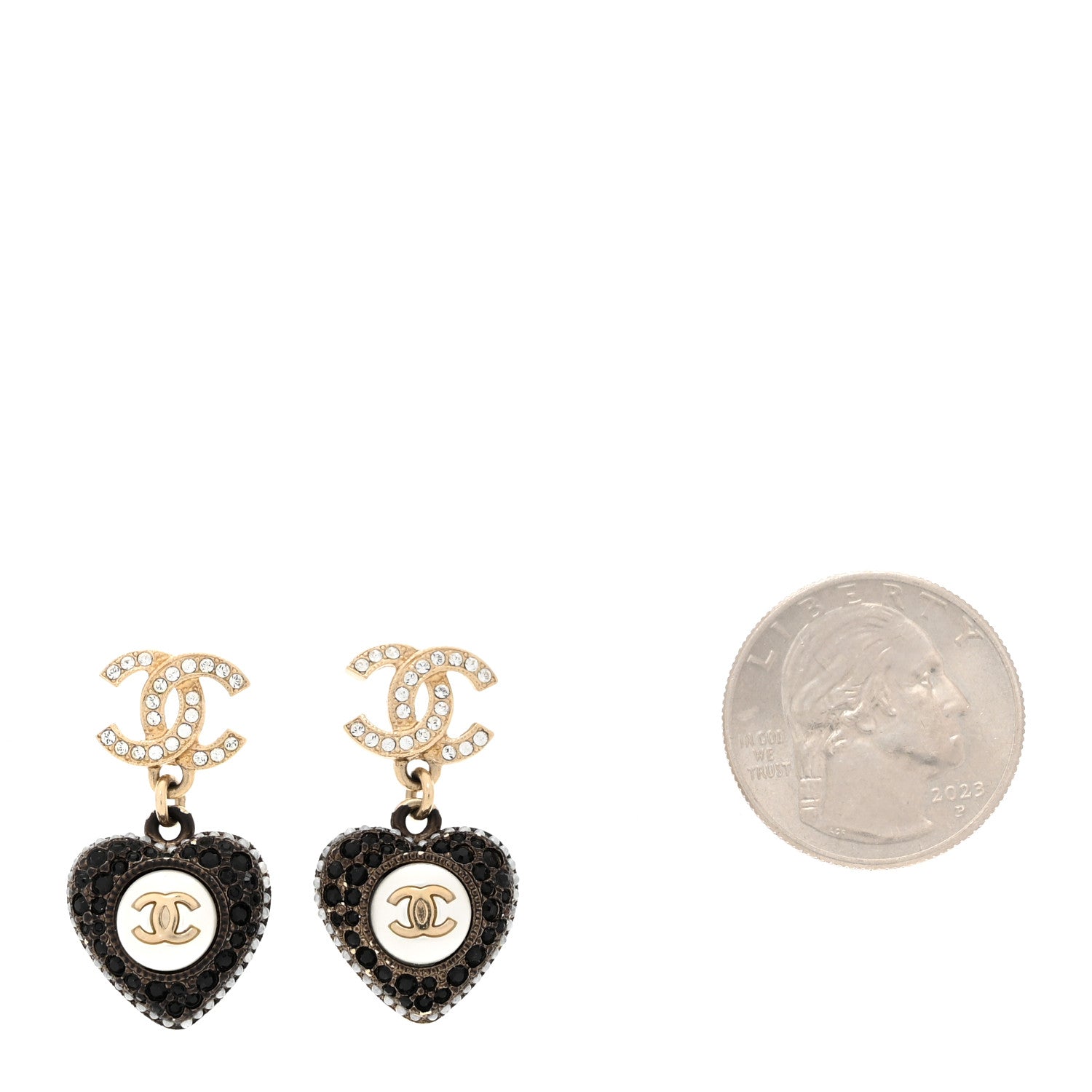 Pearl Crystal CC Heart Drop Earrings Gold Black White
