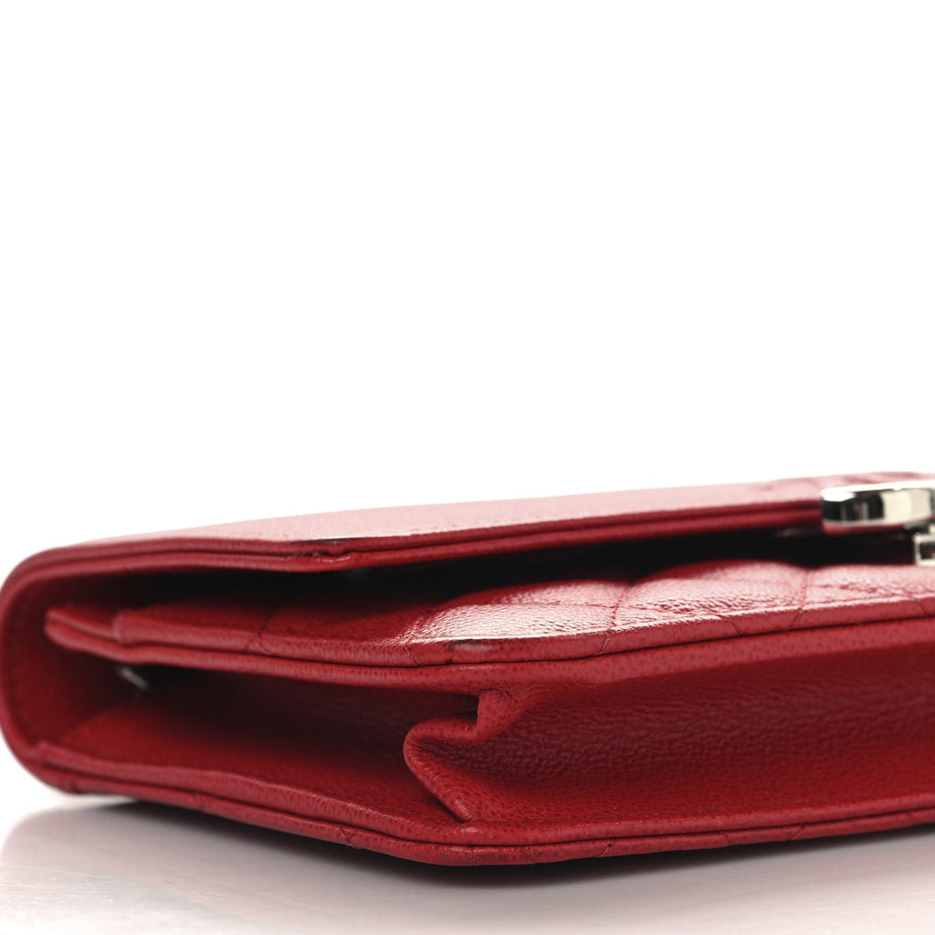 Grained Calfskin Quilted CC Box Wallet On Chain WOC Red