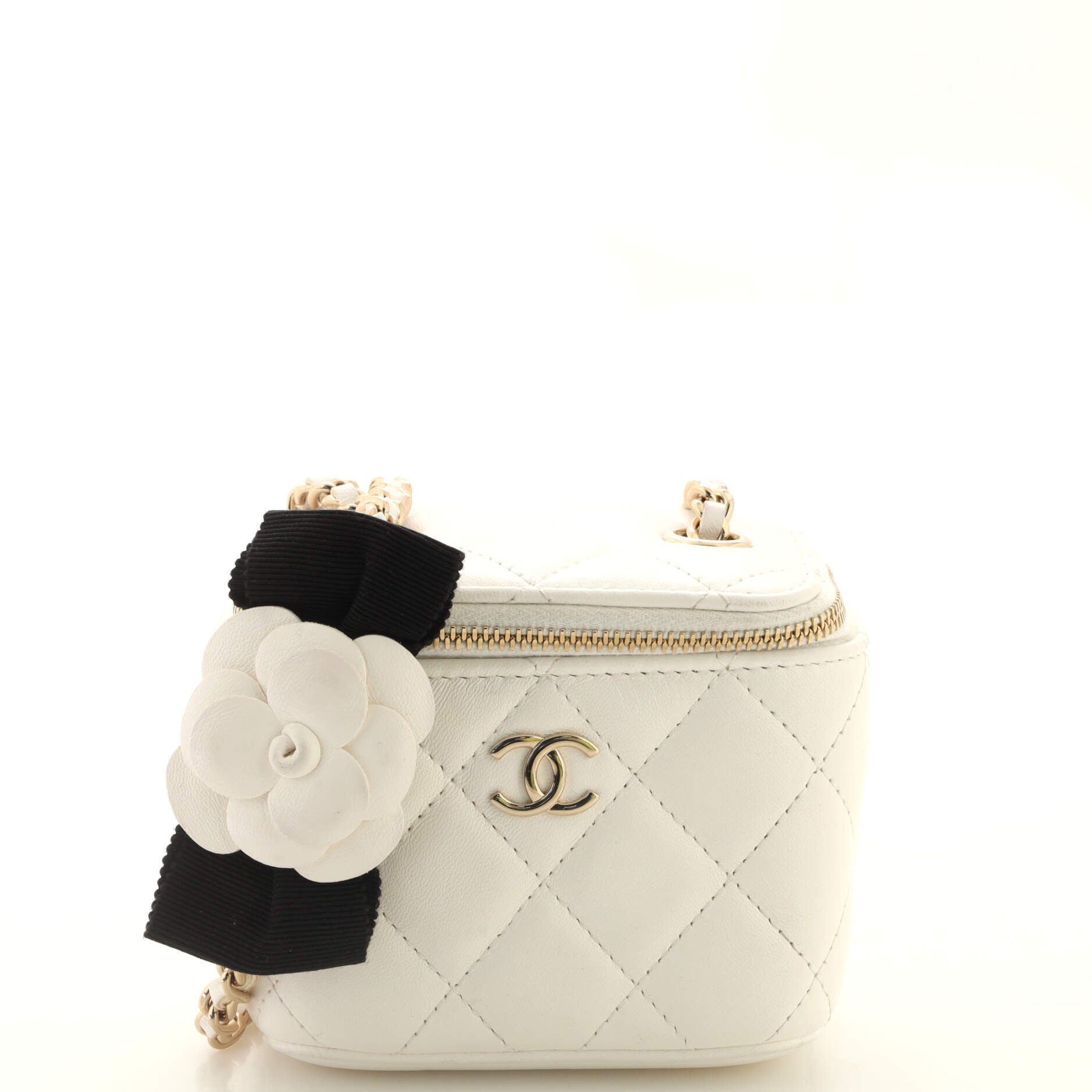 Camellia Bow Vanity Case with Chain Quilted Lambskin Mini
