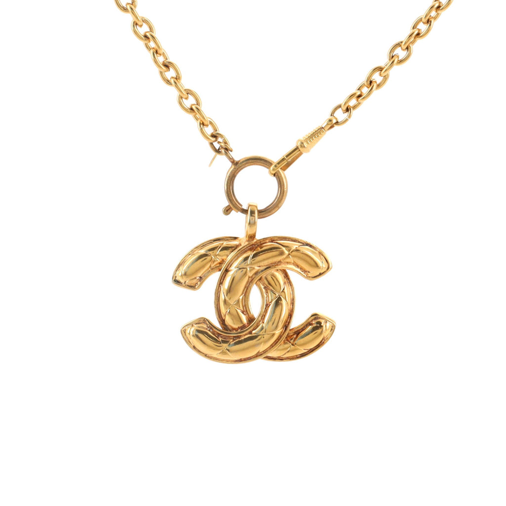 Vintage Quilted CC Pendant Necklace Metal Large
