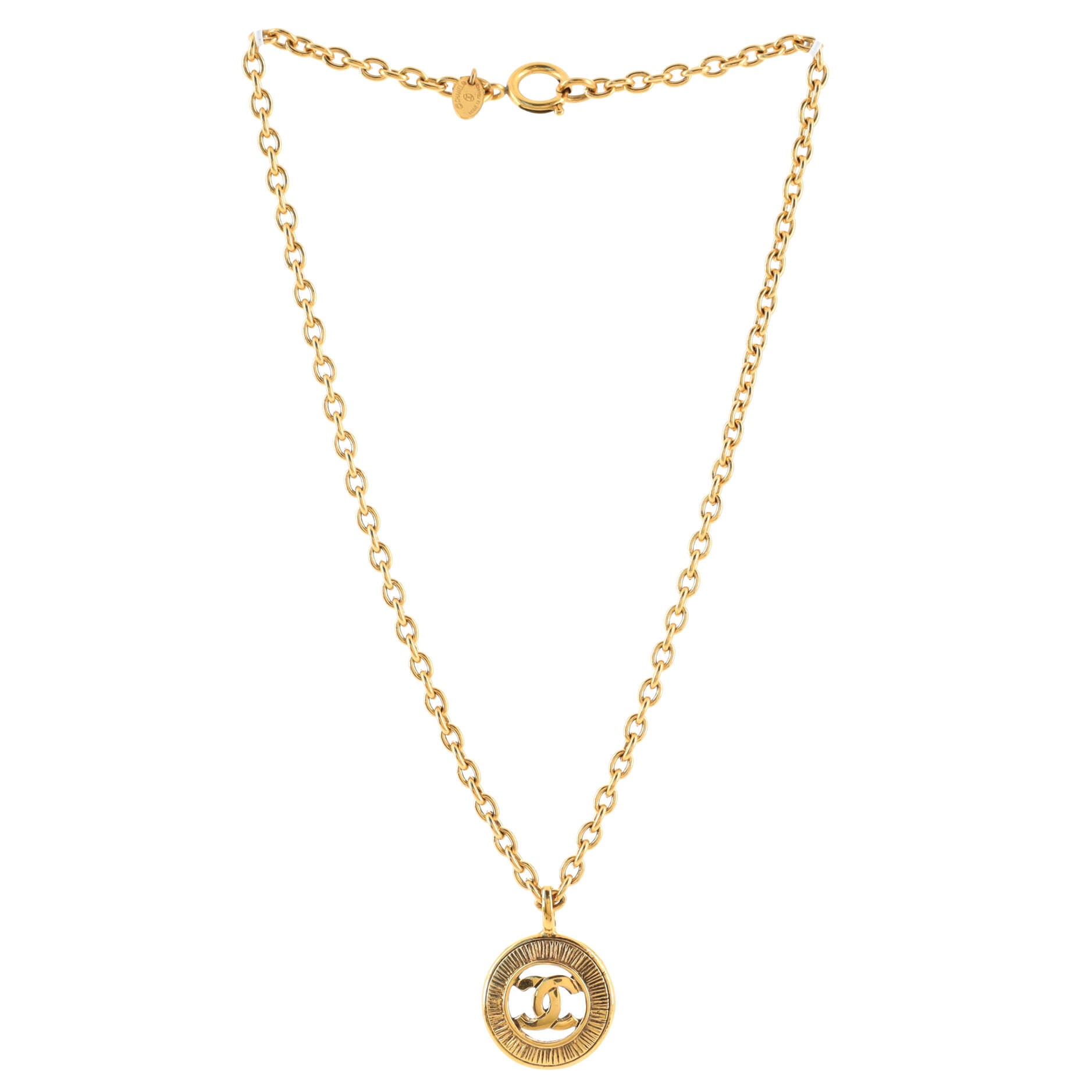 Vintage CC Round Pendant Choker Necklace Metal