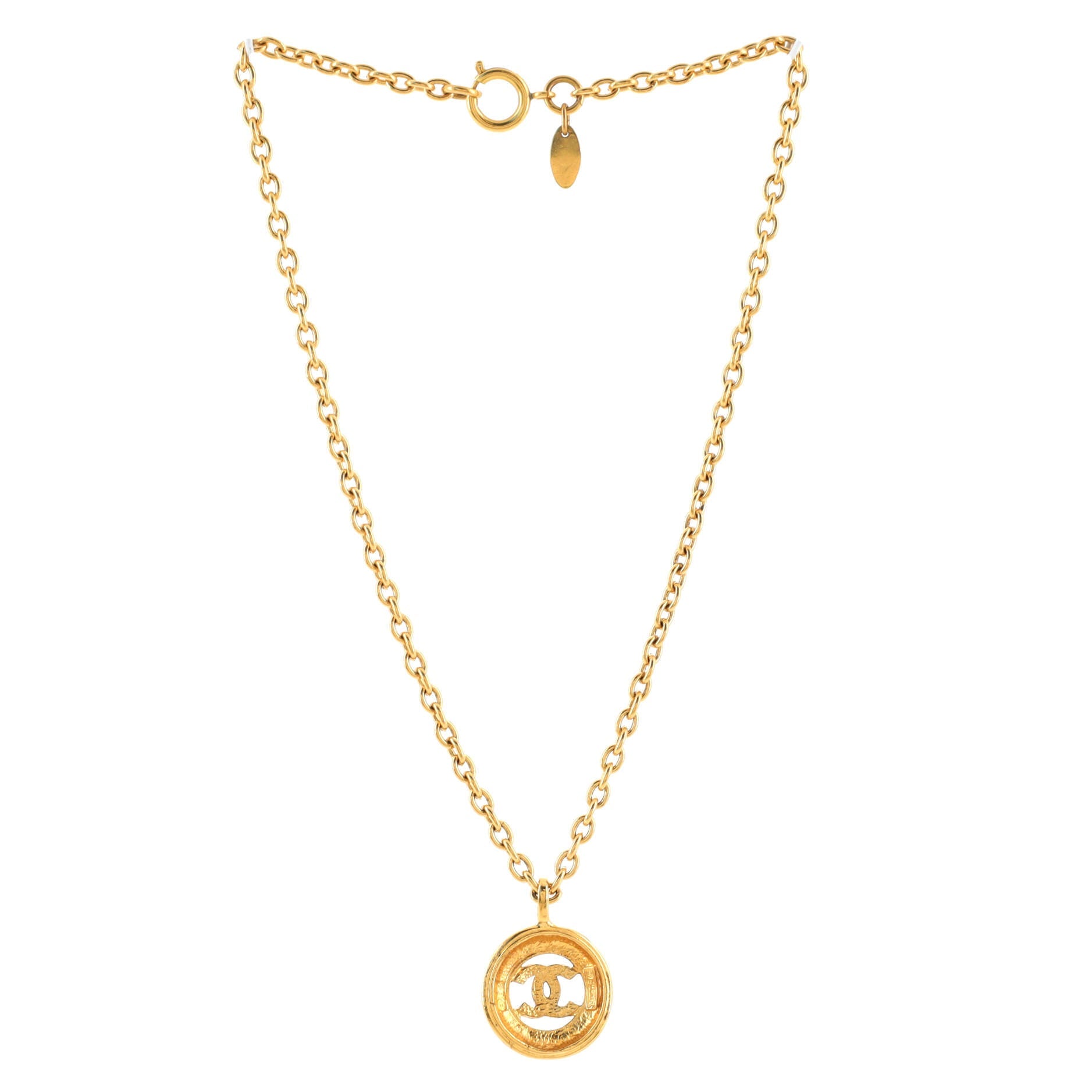 Vintage CC Round Pendant Choker Necklace Metal