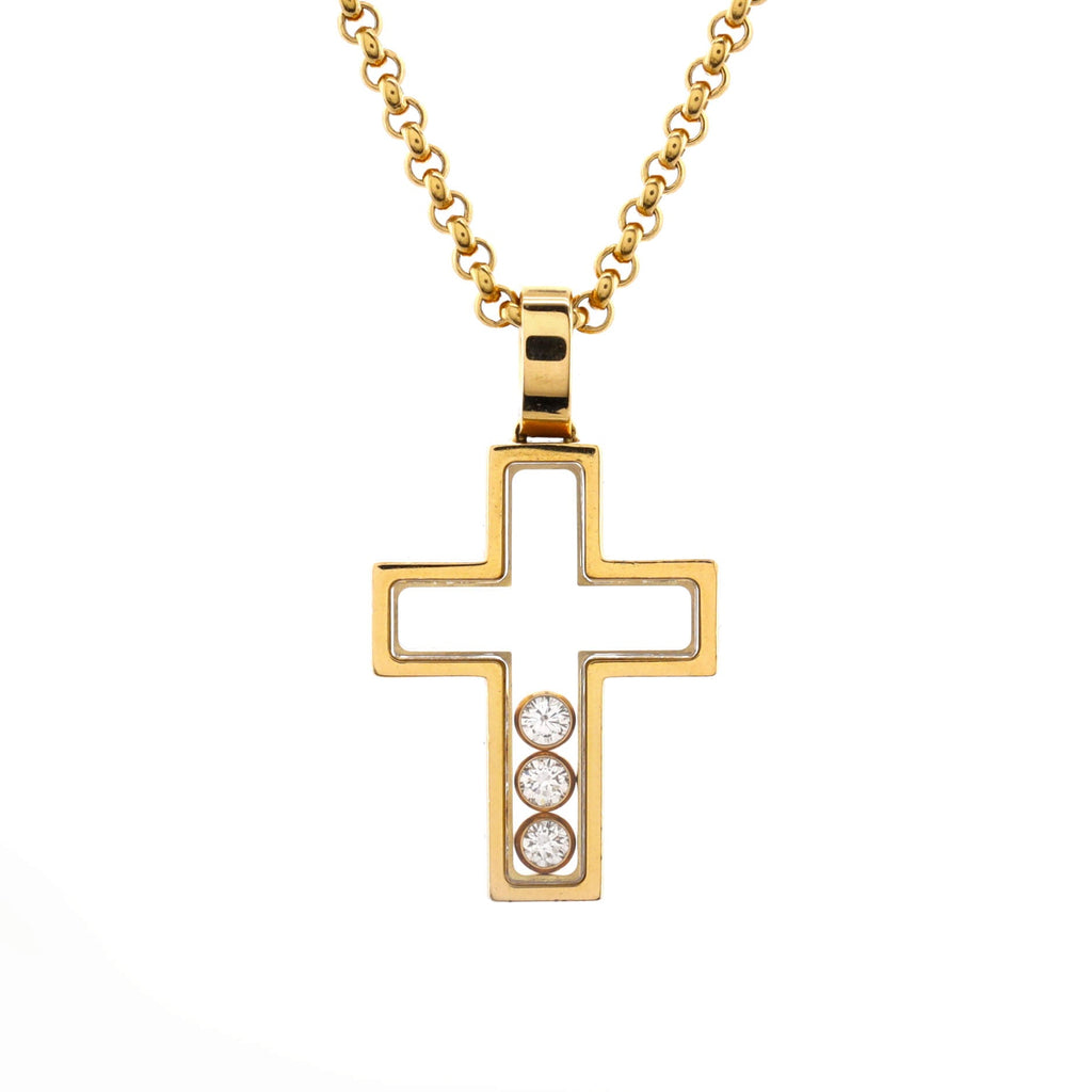 Happy 3 Diamonds Cross Pendant Necklace 18K Yellow Gold with Floating Diamonds