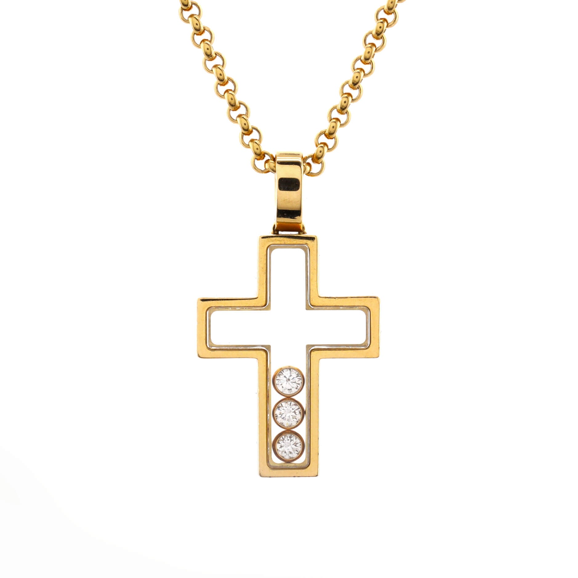 Happy 3 Diamonds Cross Pendant Necklace 18K Yellow Gold with Floating Diamonds