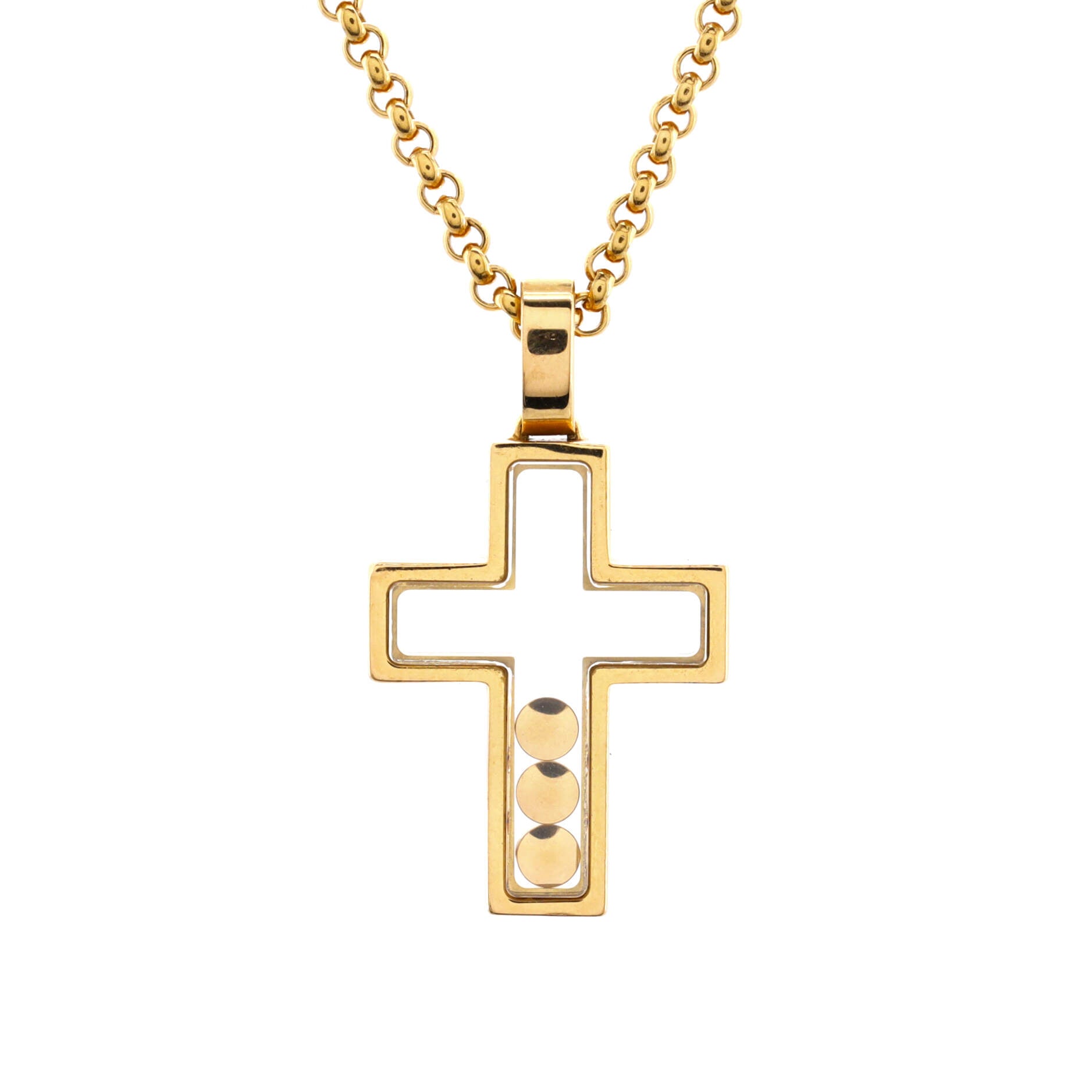 Happy 3 Diamonds Cross Pendant Necklace 18K Yellow Gold with Floating Diamonds