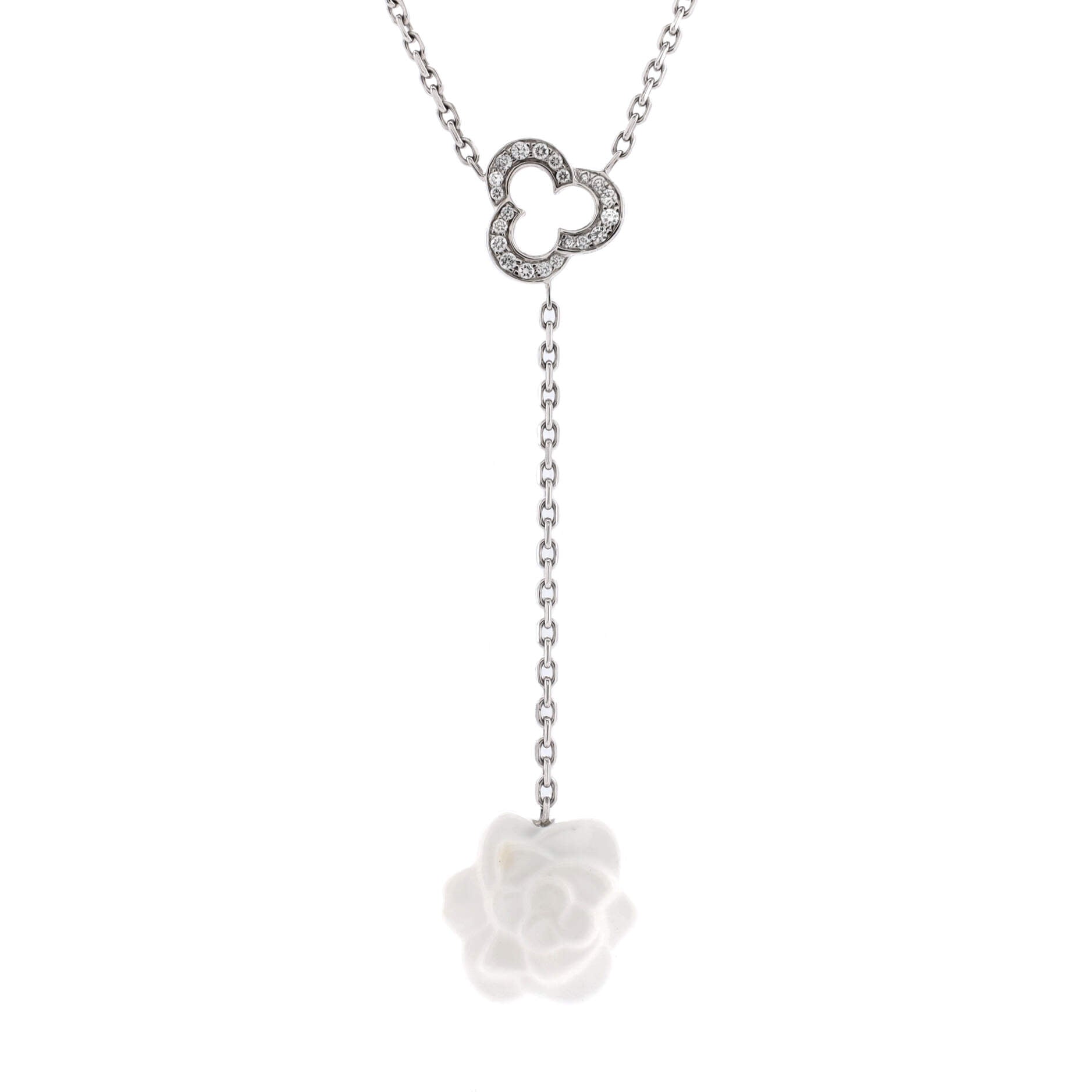 Camelia Sculpte Lariat Necklace 18K White Gold with Diamonds and Agate