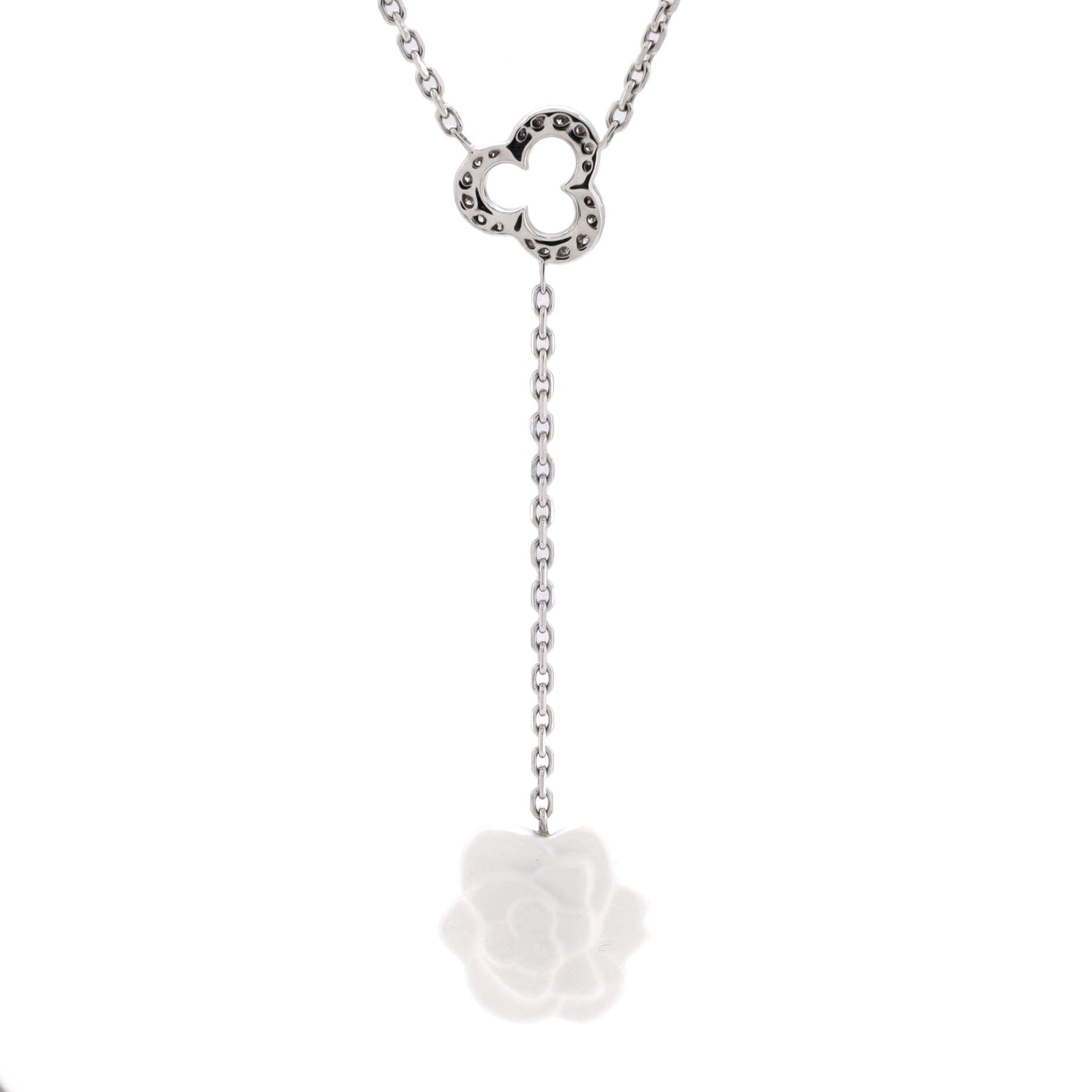 Camelia Sculpte Lariat Necklace 18K White Gold with Diamonds and Agate