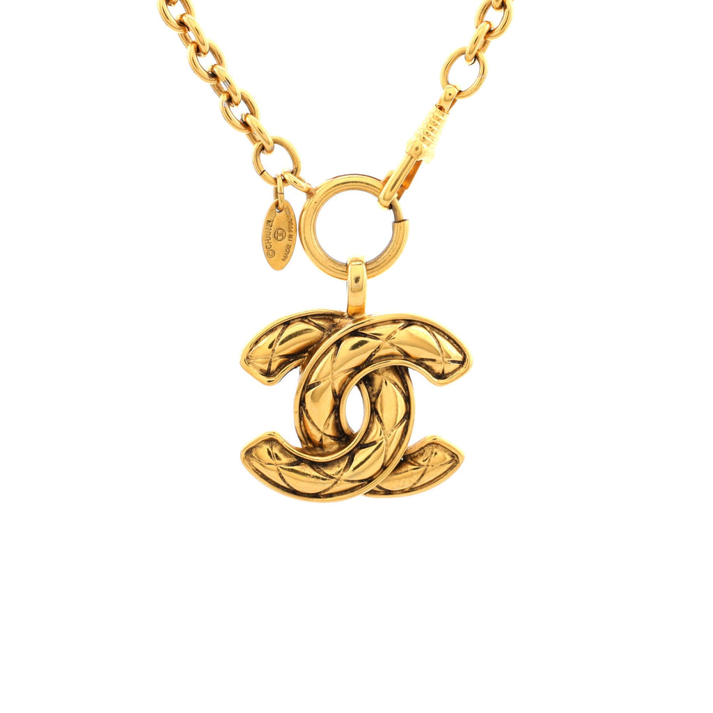 Vintage Quilted CC Pendant Necklace Metal Large