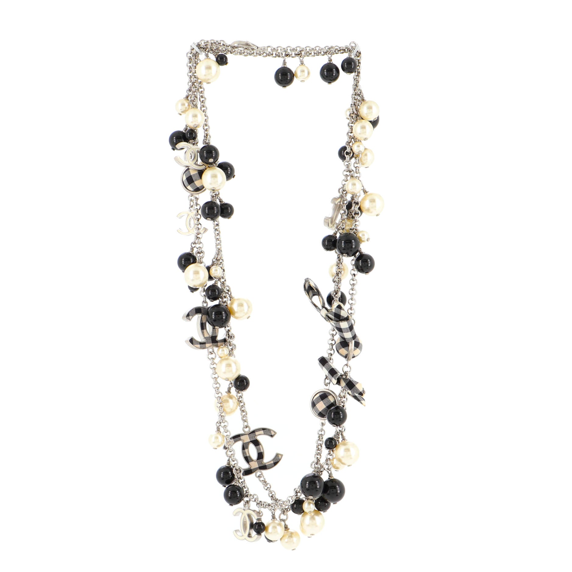 Gingham CC Long Necklace Metal and Resin with Faux Pearls and Beads