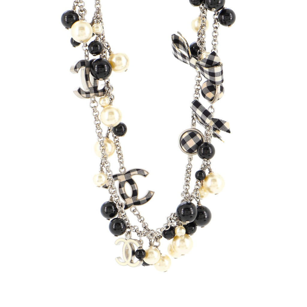 Gingham CC Long Necklace Metal and Resin with Faux Pearls and Beads