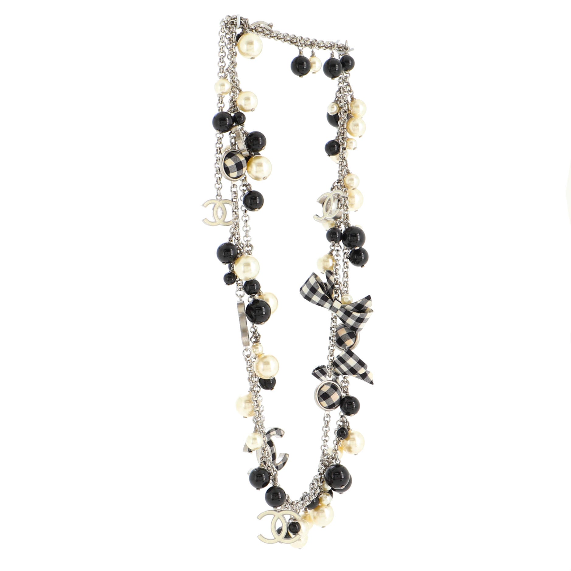 Gingham CC Long Necklace Metal and Resin with Faux Pearls and Beads