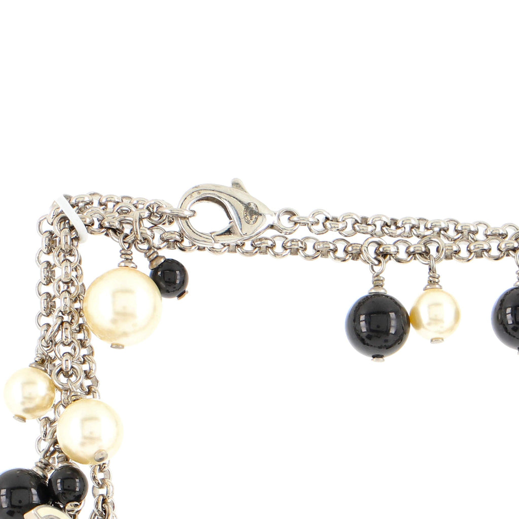 Gingham CC Long Necklace Metal and Resin with Faux Pearls and Beads