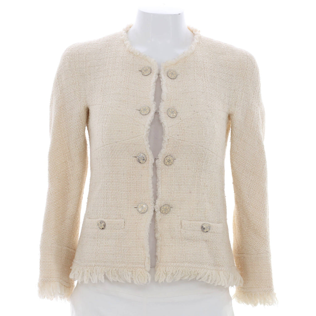 Women's Fringe Trim Collarless Boucle Jacket Tweed