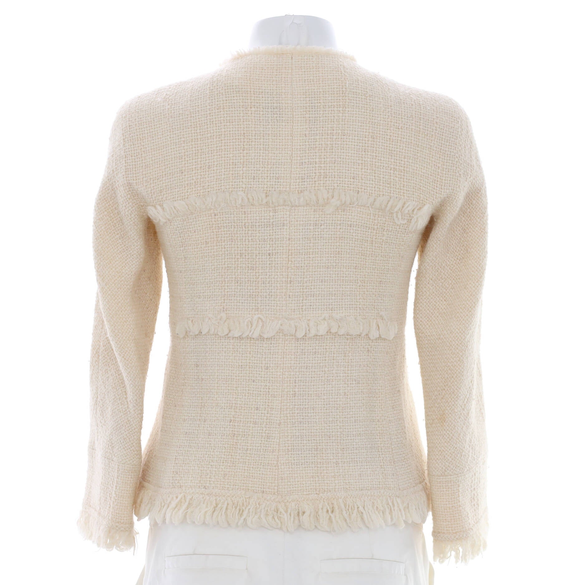 Women's Fringe Trim Collarless Boucle Jacket Tweed