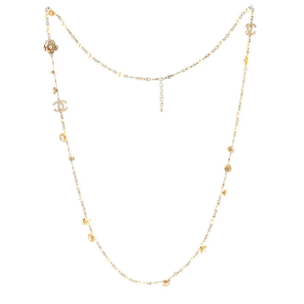 CC Flower Single Strand Long Necklace Metal and Faux Pearls