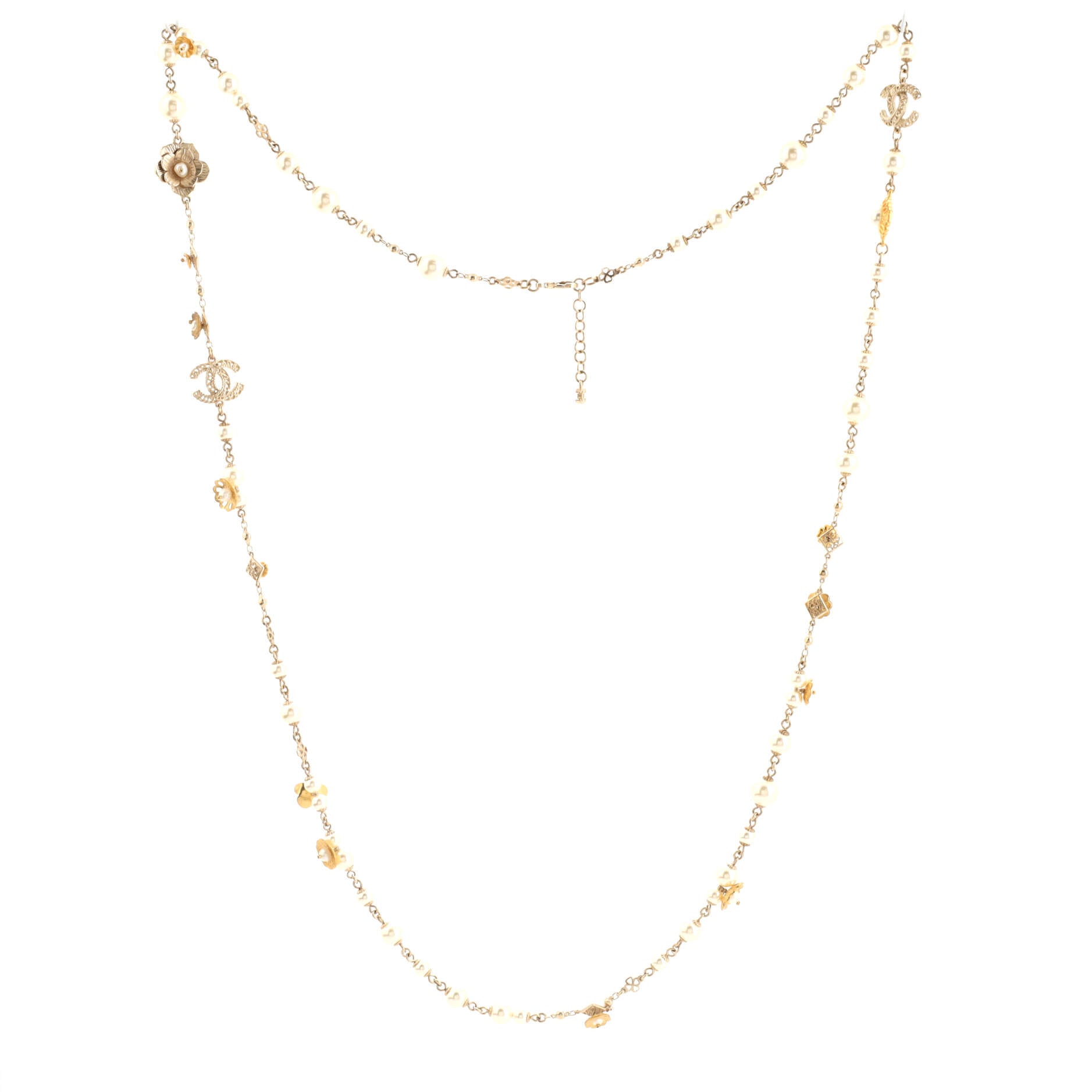 CC Flower Single Strand Long Necklace Metal and Faux Pearls