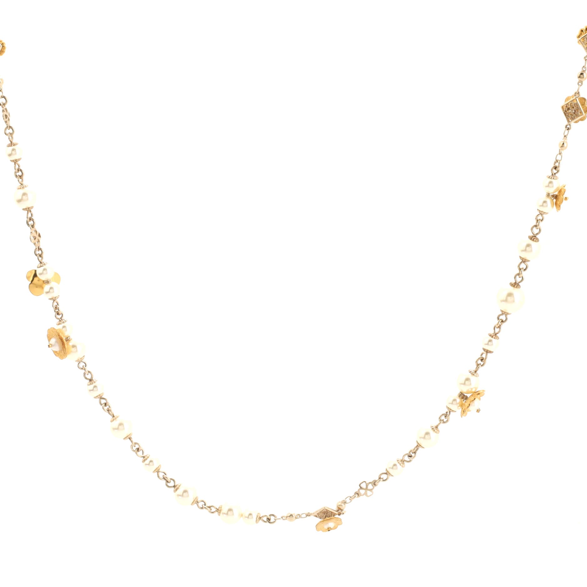 CC Flower Single Strand Long Necklace Metal and Faux Pearls