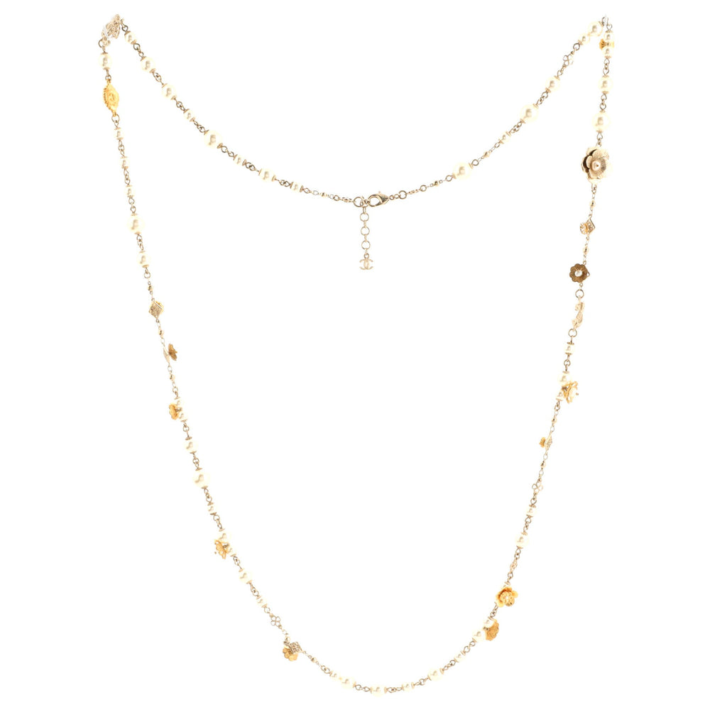 CC Flower Single Strand Long Necklace Metal and Faux Pearls