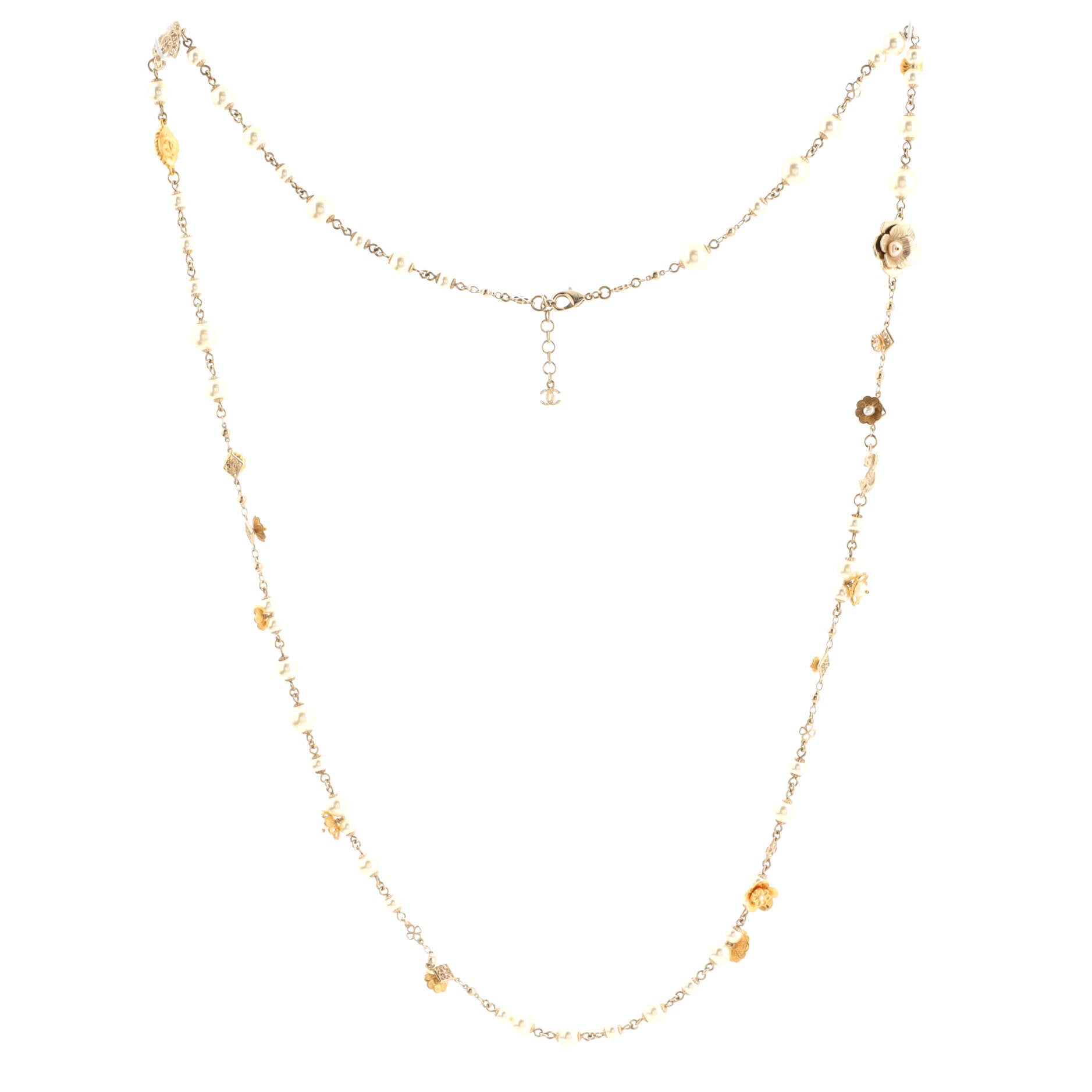 CC Flower Single Strand Long Necklace Metal and Faux Pearls