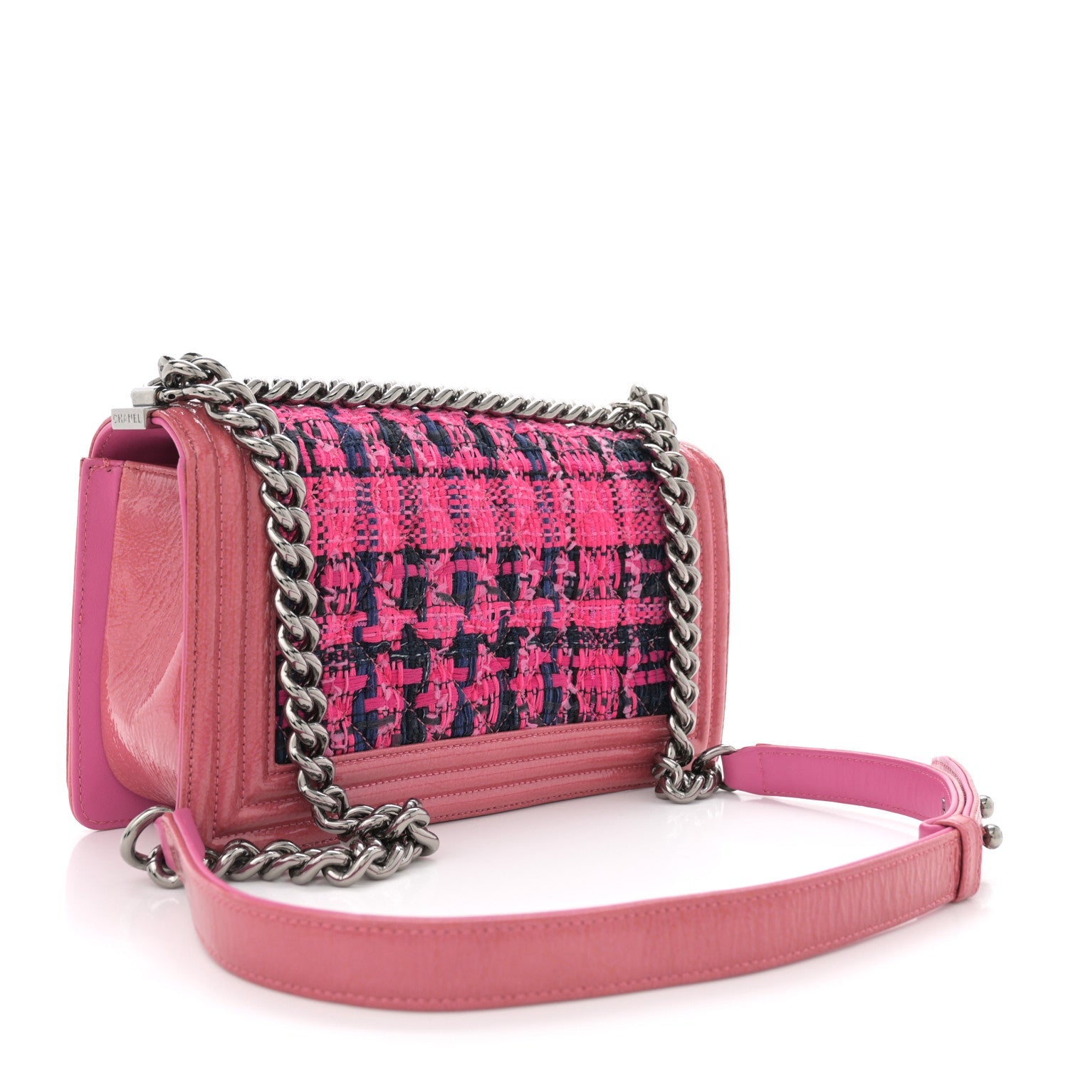 Patent Tweed Medium Boy Flap Fuchsia