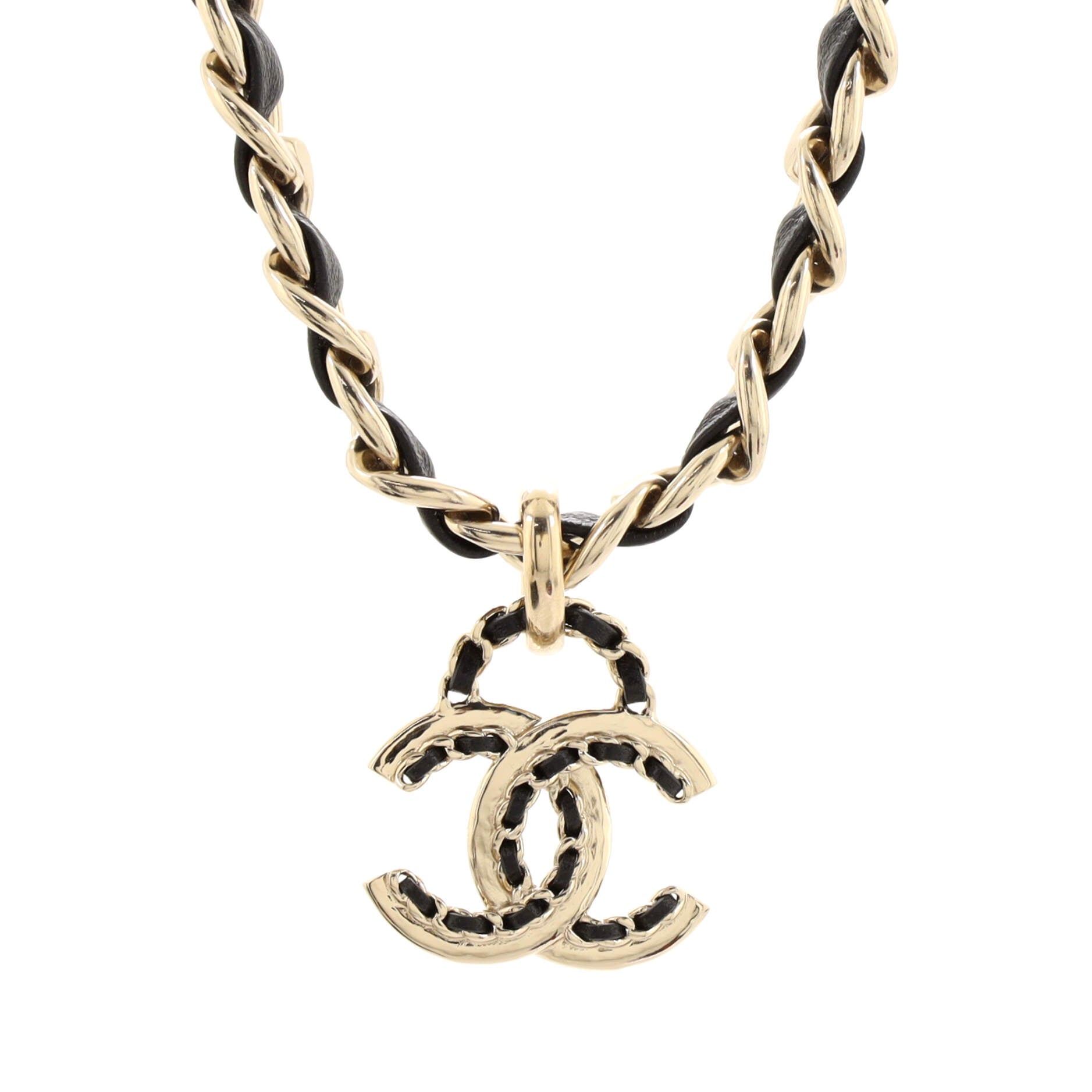 Woven Chain CC Pendant Chunky Choker Necklace Metal and Leather