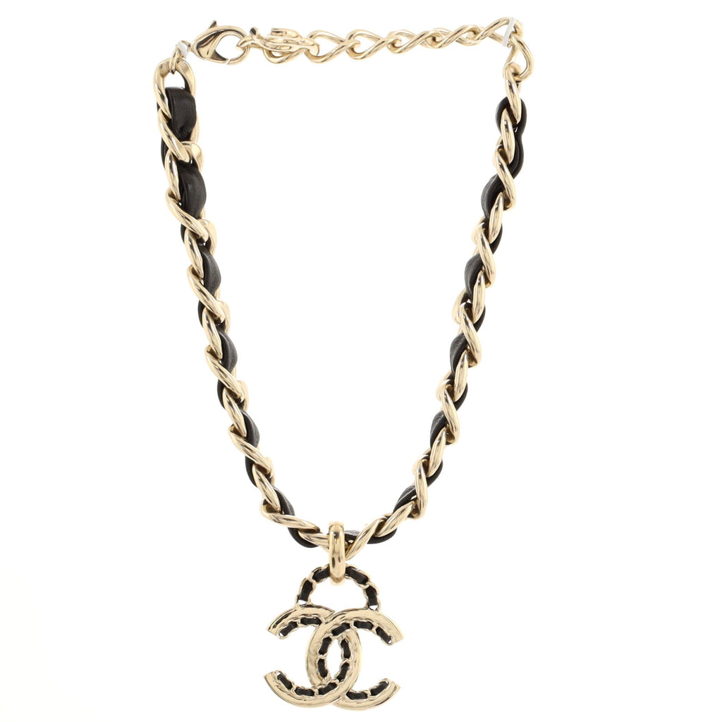 Woven Chain CC Pendant Chunky Choker Necklace Metal and Leather