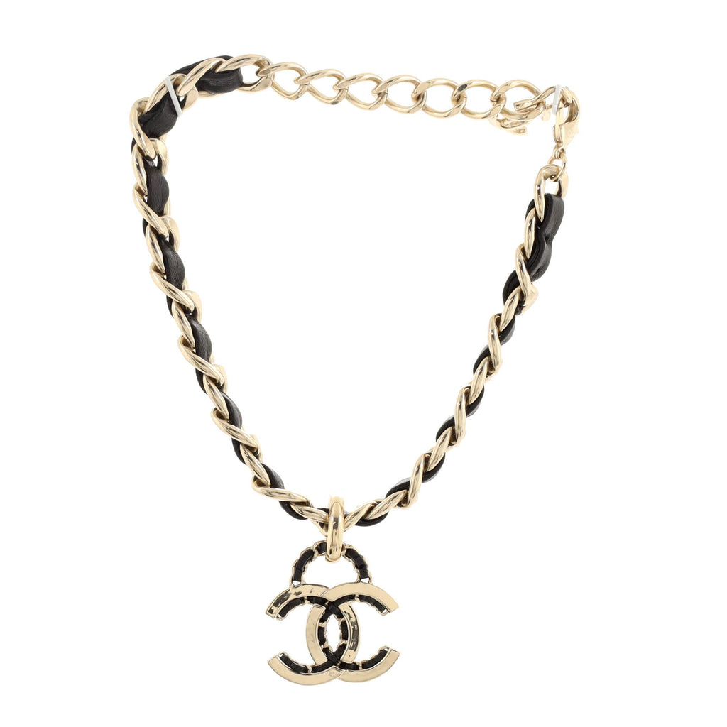 Woven Chain CC Pendant Chunky Choker Necklace Metal and Leather